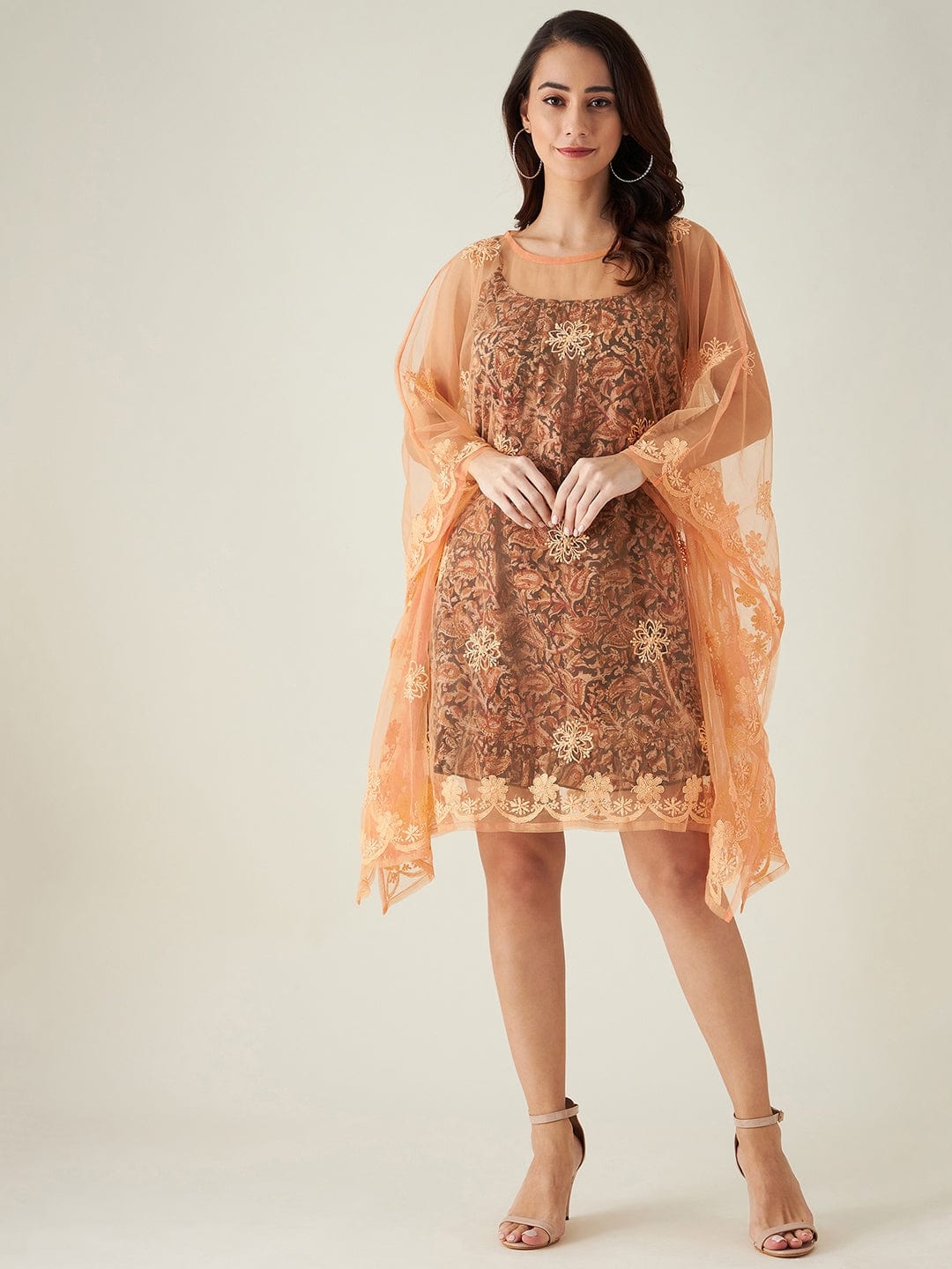 The Kaftan Company Dresses Orange Tulle Hand Embroidered Chikankari Kaftan Dress
