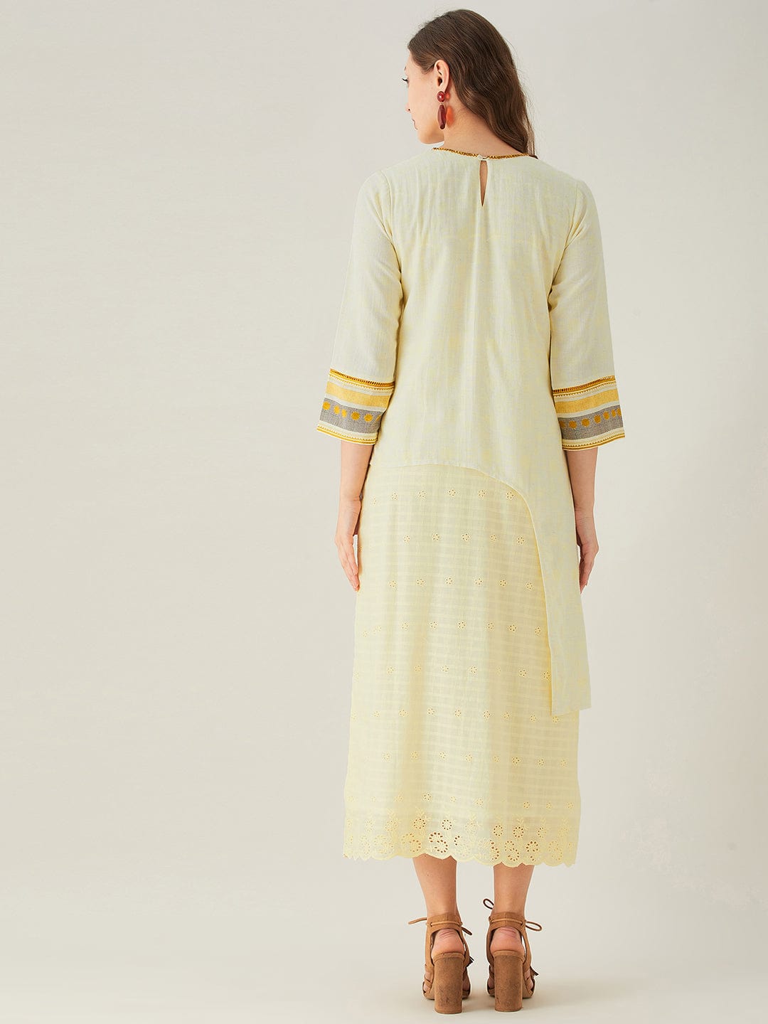 The Kaftan Company Dresses Pastel Yellow Schiffli and Embroidered Yoke Dress (Final Sale)