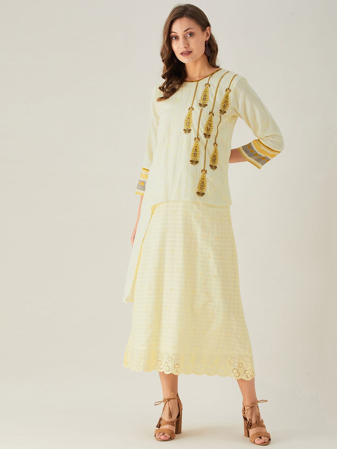 The Kaftan Company Dresses Pastel Yellow Schiffli and Embroidered Yoke Dress (Final Sale)