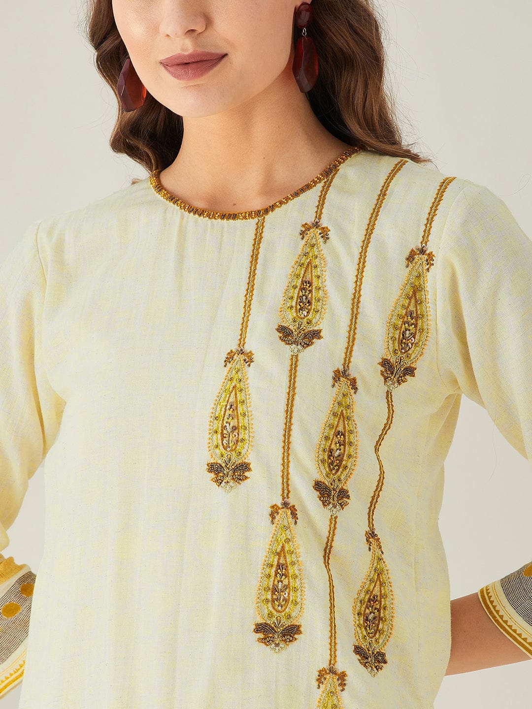 The Kaftan Company Dresses Pastel Yellow Schiffli and Embroidered Yoke Dress (Final Sale)