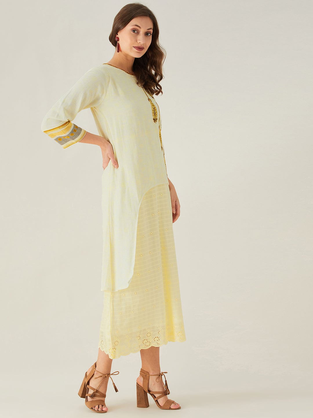 The Kaftan Company Dresses Pastel Yellow Schiffli and Embroidered Yoke Dress (Final Sale)