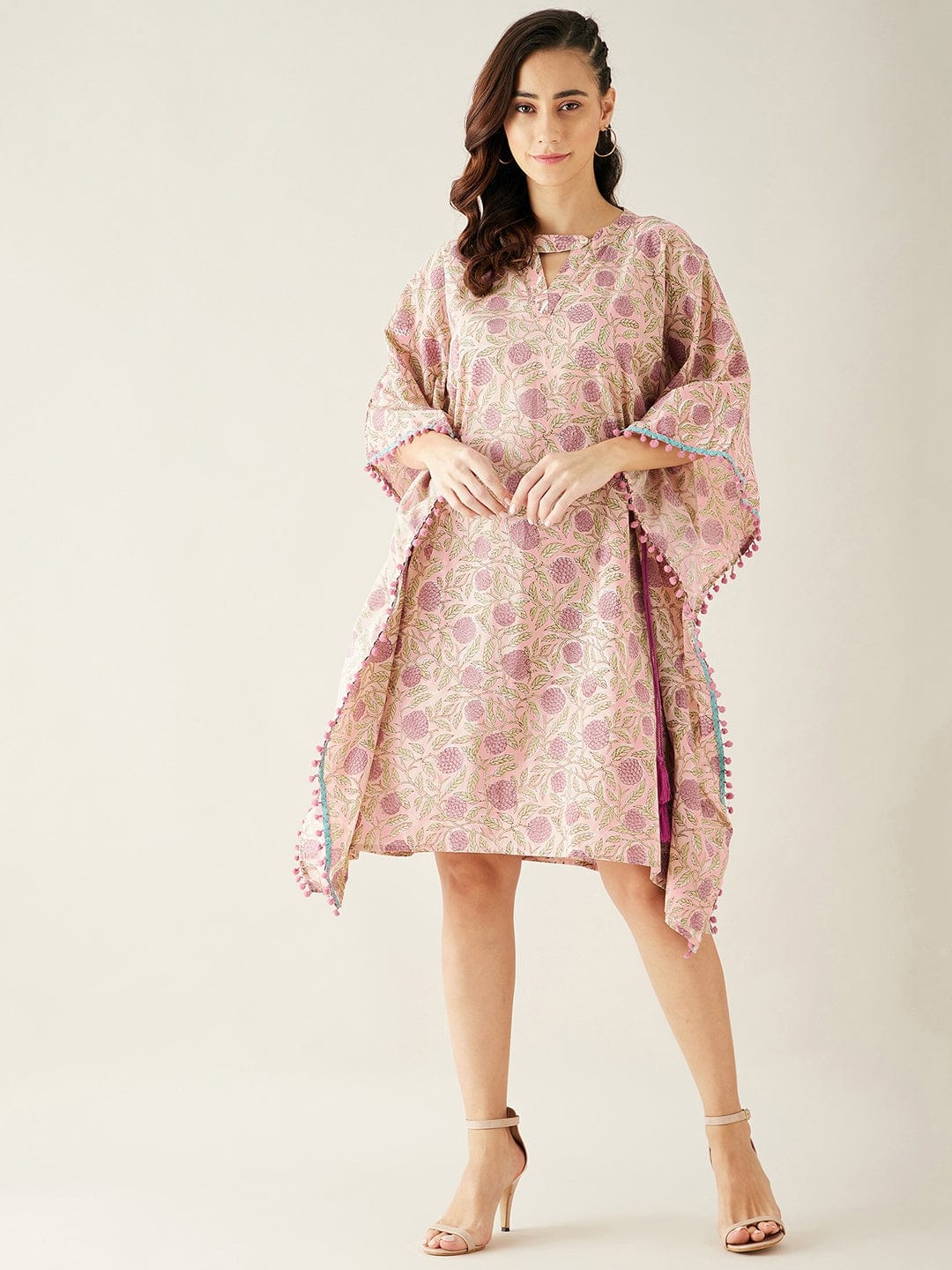 The Kaftan Company Dresses Pink Hand Block Floral Printed Cotton Kaftan Dress