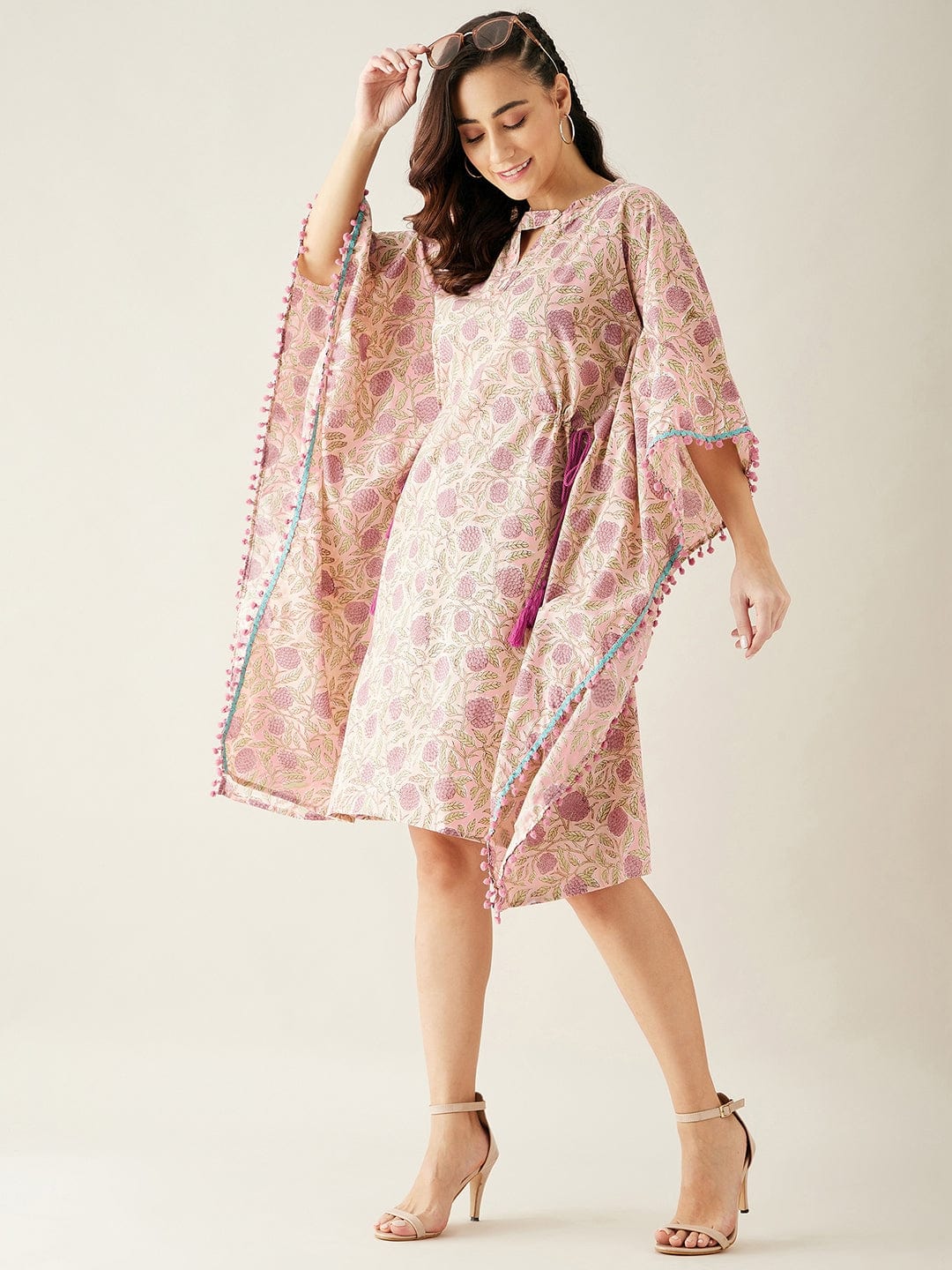 The Kaftan Company Dresses Pink Hand Block Floral Printed Cotton Kaftan Dress