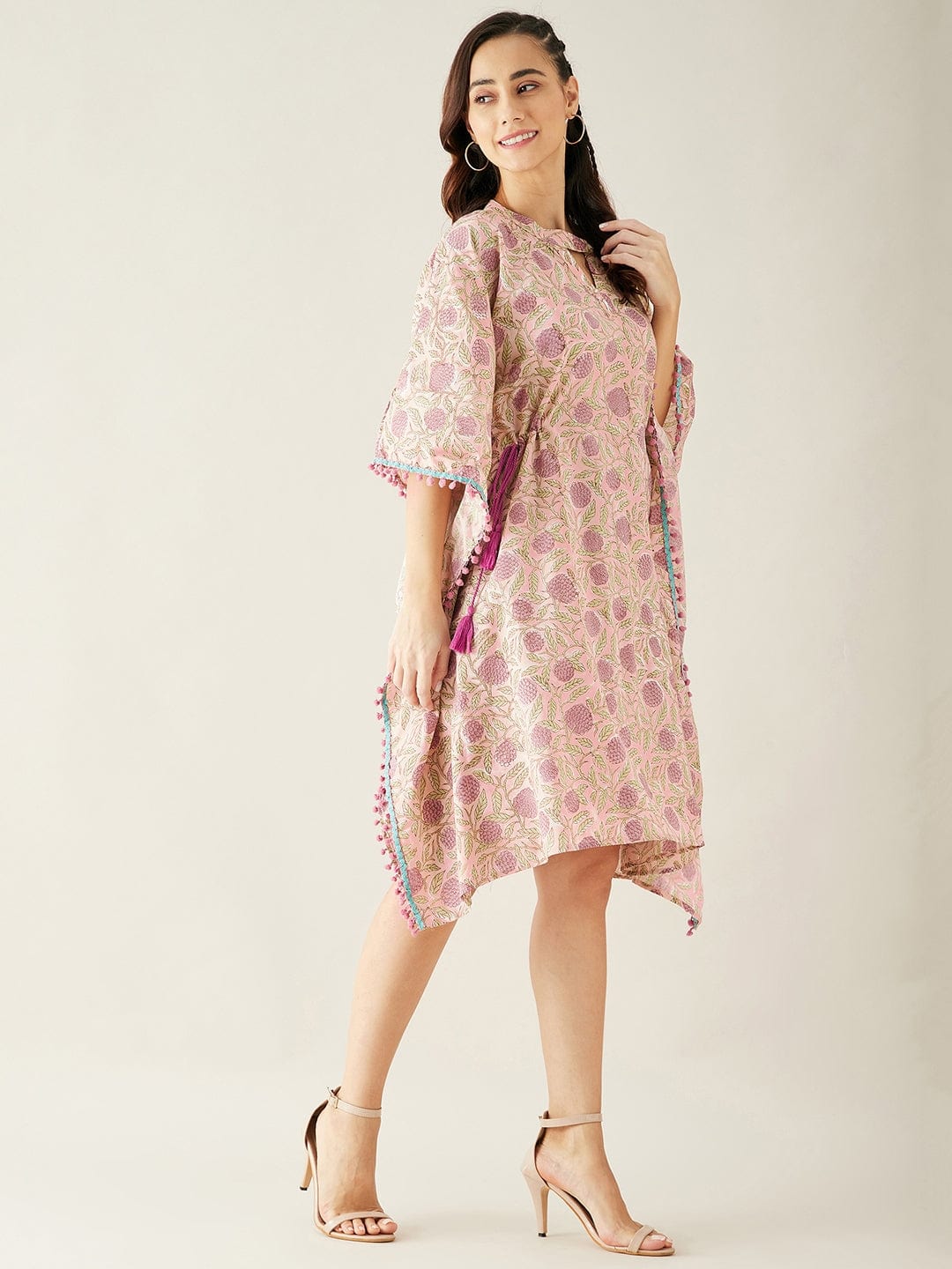 The Kaftan Company Dresses Pink Hand Block Floral Printed Cotton Kaftan Dress