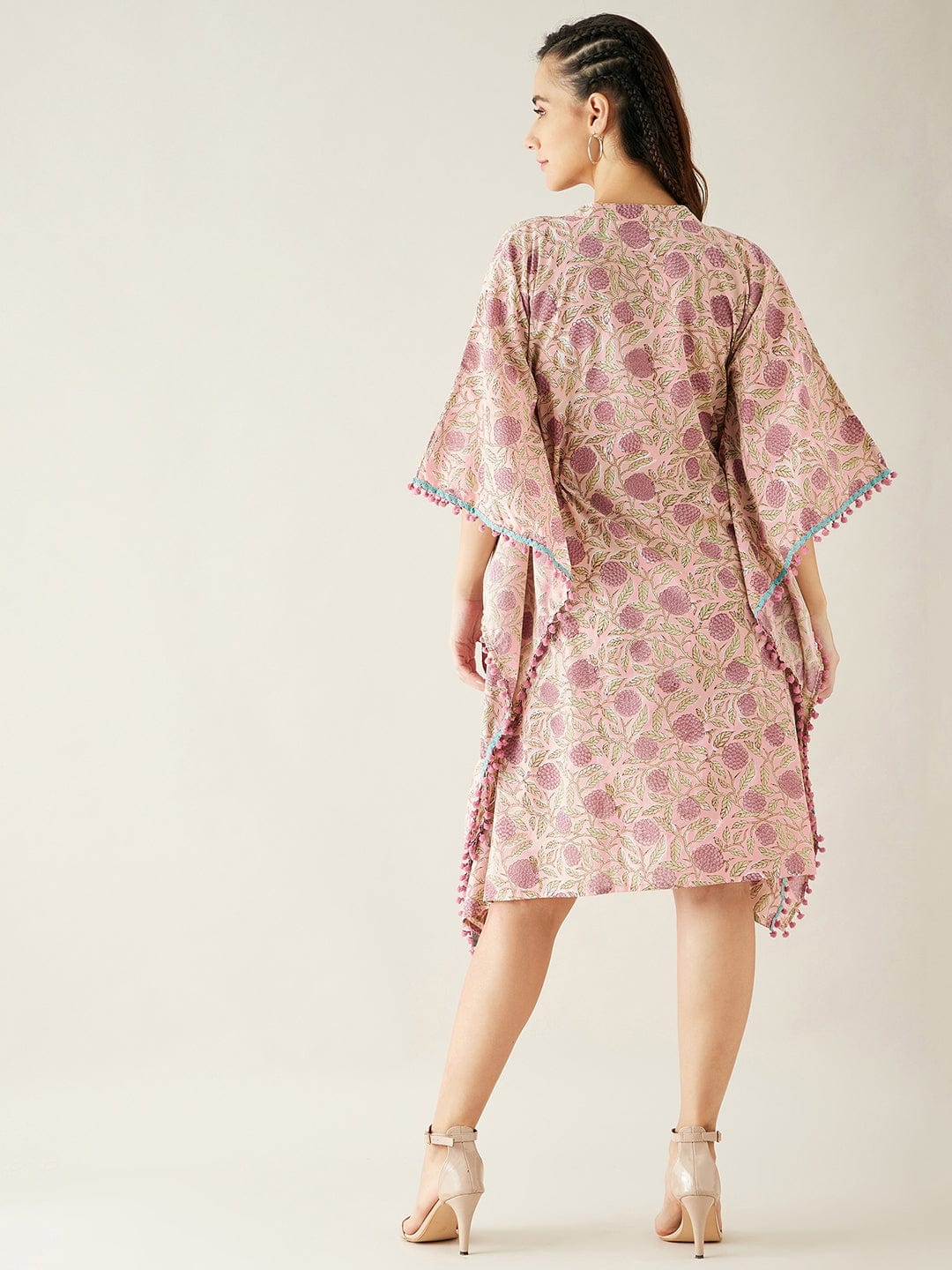 The Kaftan Company Dresses Pink Hand Block Floral Printed Cotton Kaftan Dress