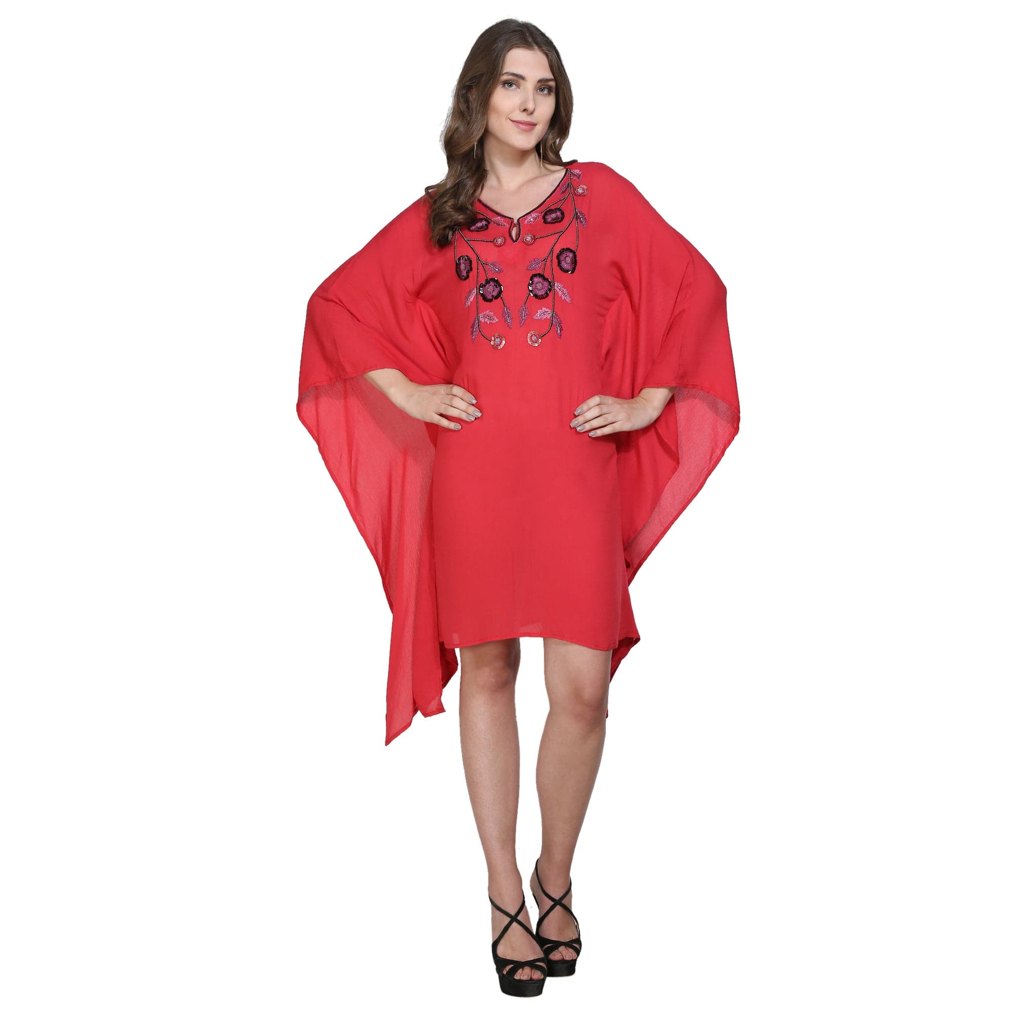 The Kaftan Company Dresses Red Hand Embellished Yoke Kaftan Dress - (Clearance - Final Sale)