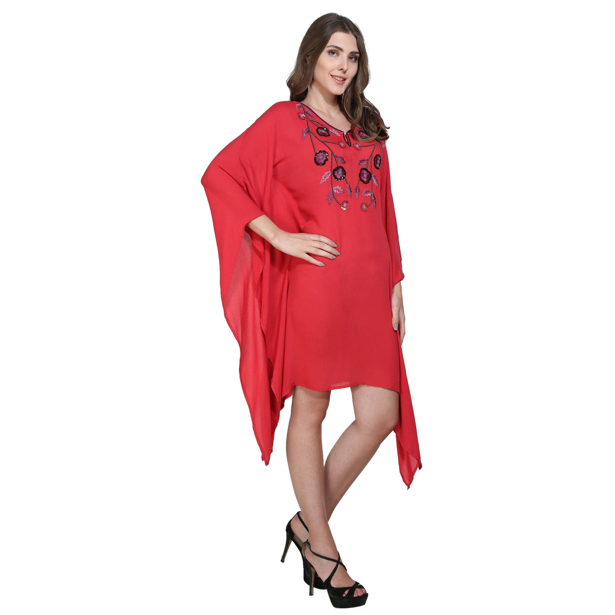 The Kaftan Company Dresses Red Hand Embellished Yoke Kaftan Dress - (Clearance - Final Sale)