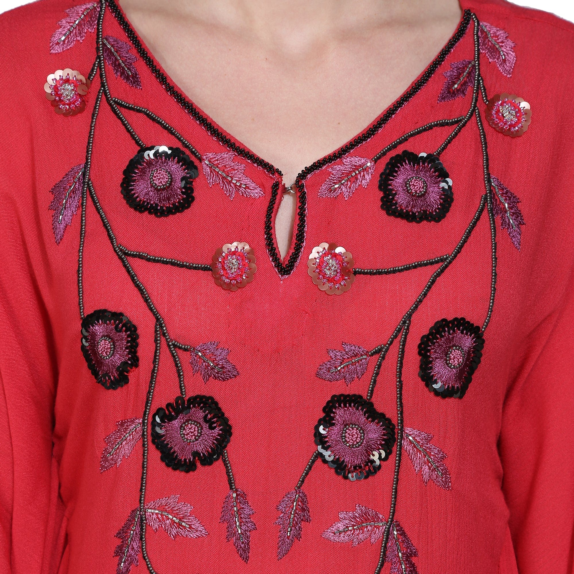 The Kaftan Company Dresses Red Hand Embellished Yoke Kaftan Dress - (Clearance - Final Sale)