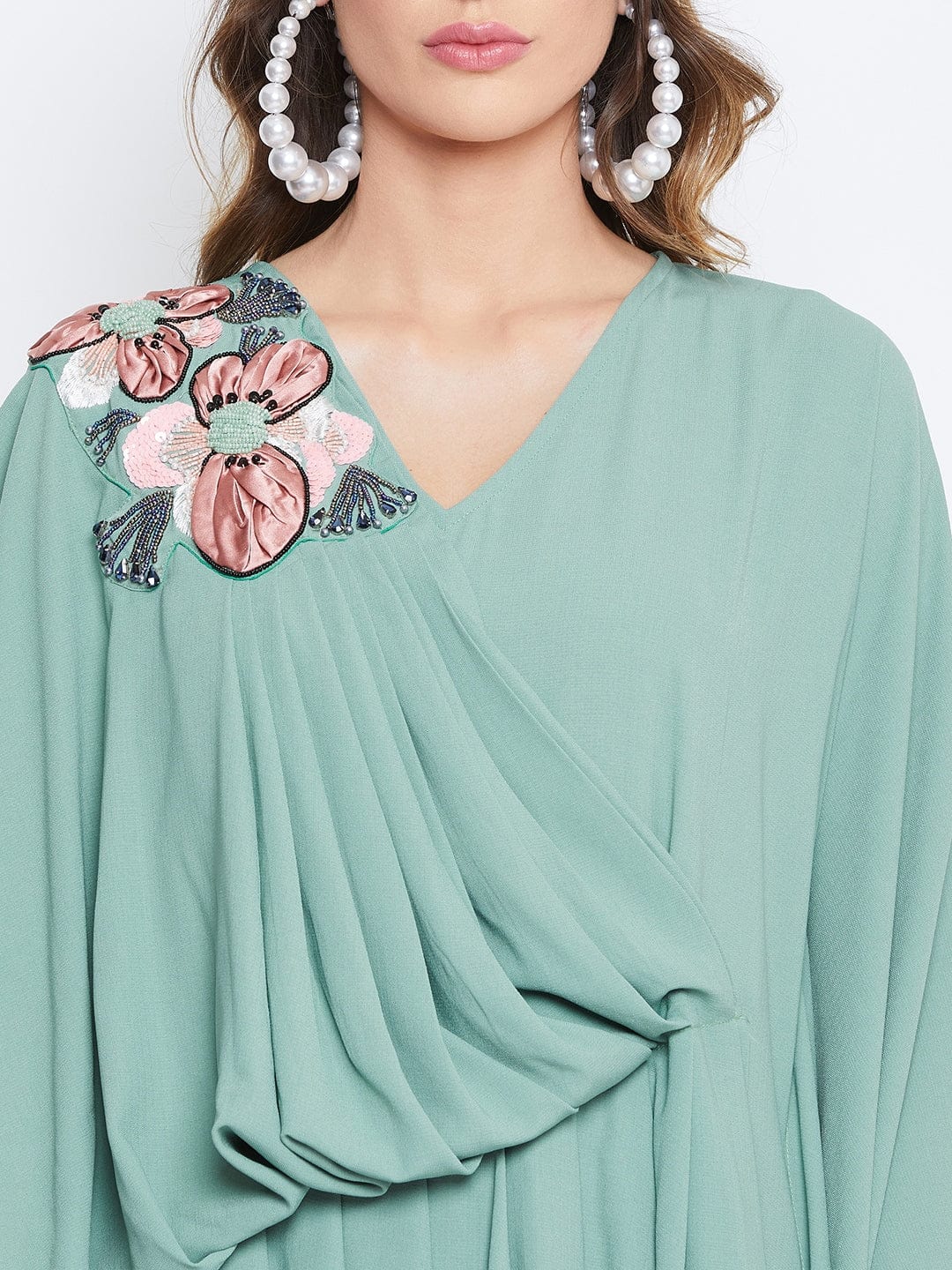 The Kaftan Company Dresses Sea Green Embellished Draped Kaftan (Final Sale)