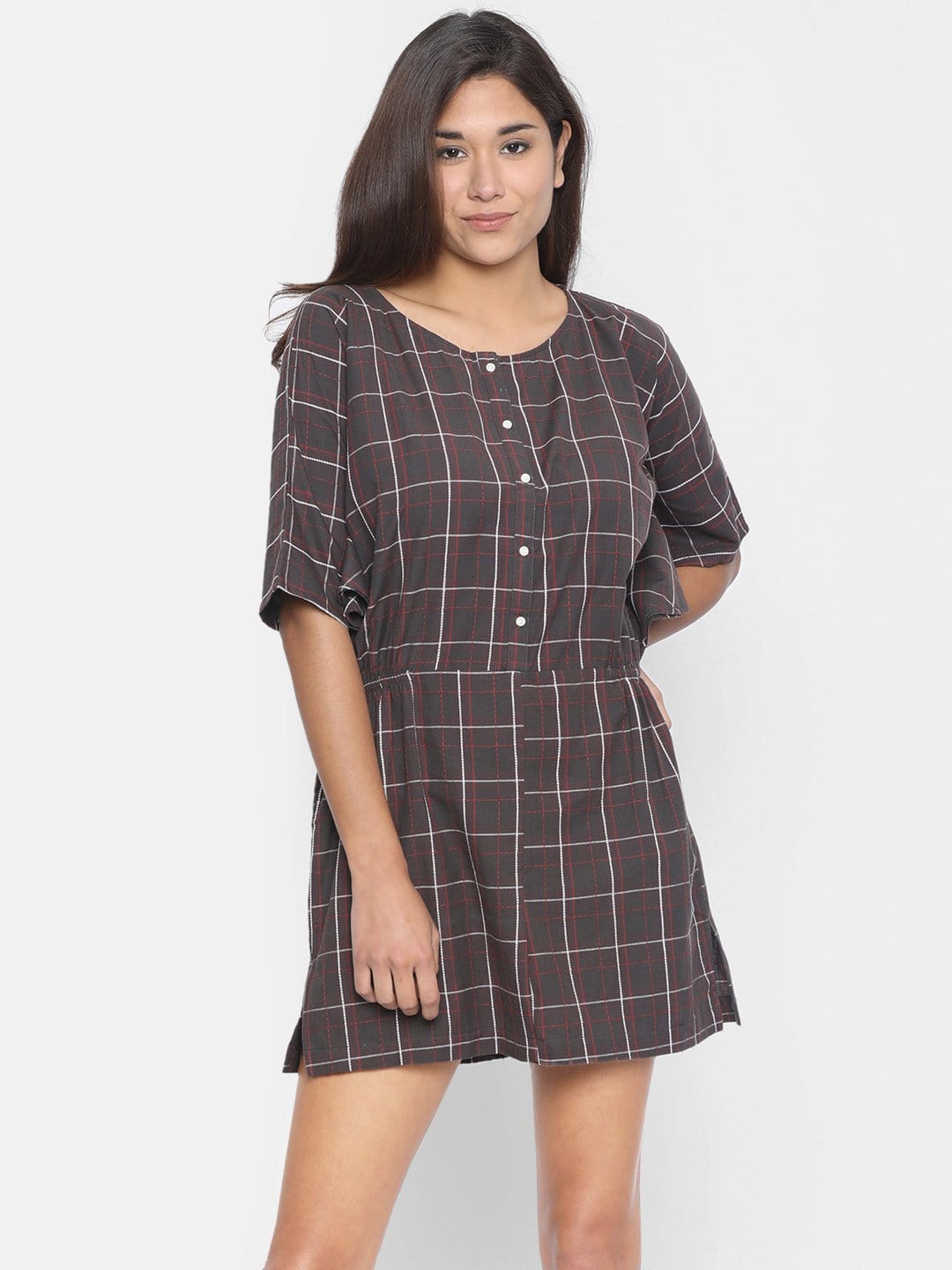 The Kaftan Company Dresses Women Taupe Checked Blouson Dress - (Clearance - Final Sale)