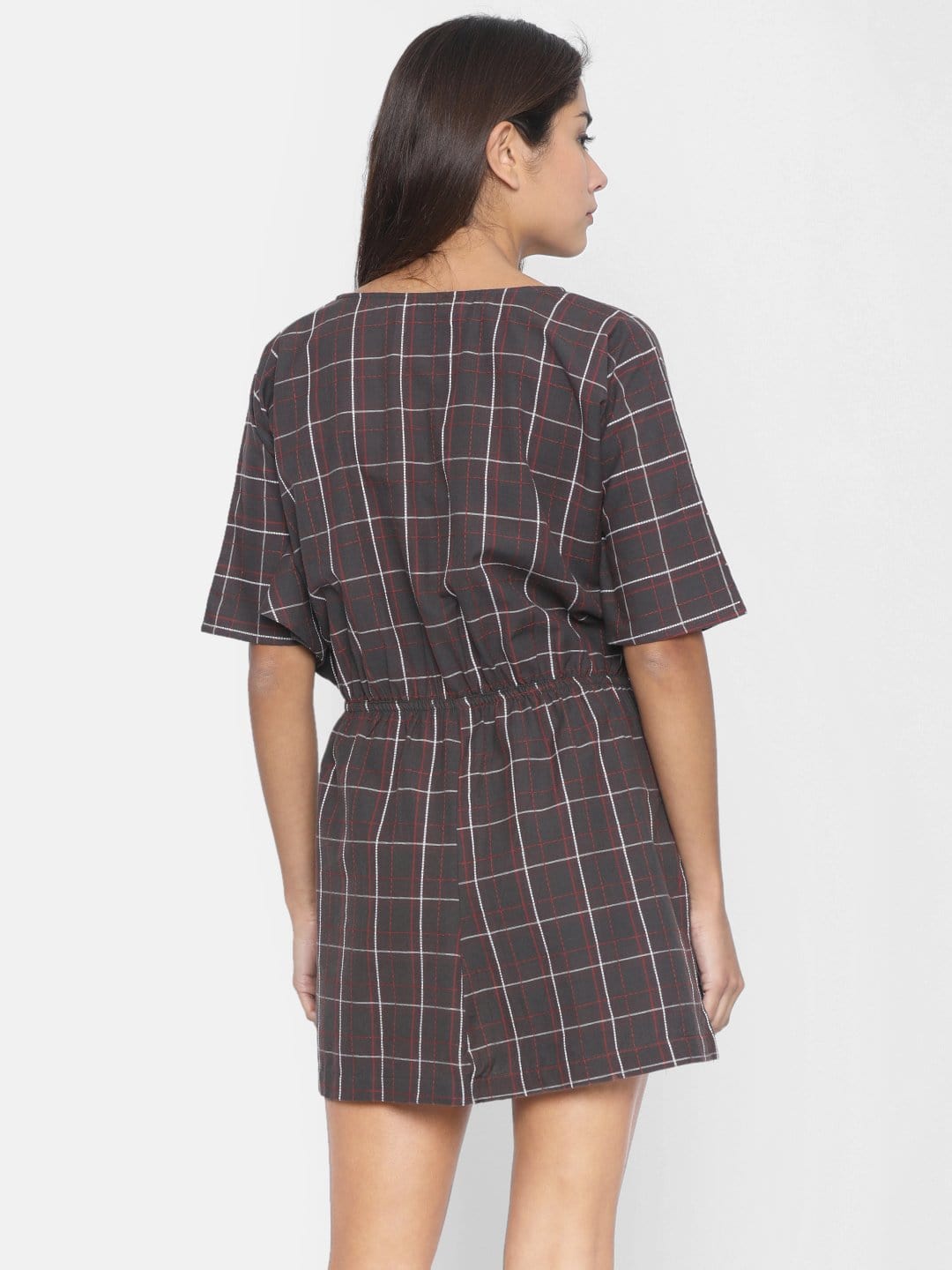 The Kaftan Company Dresses Women Taupe Checked Blouson Dress - (Clearance - Final Sale)
