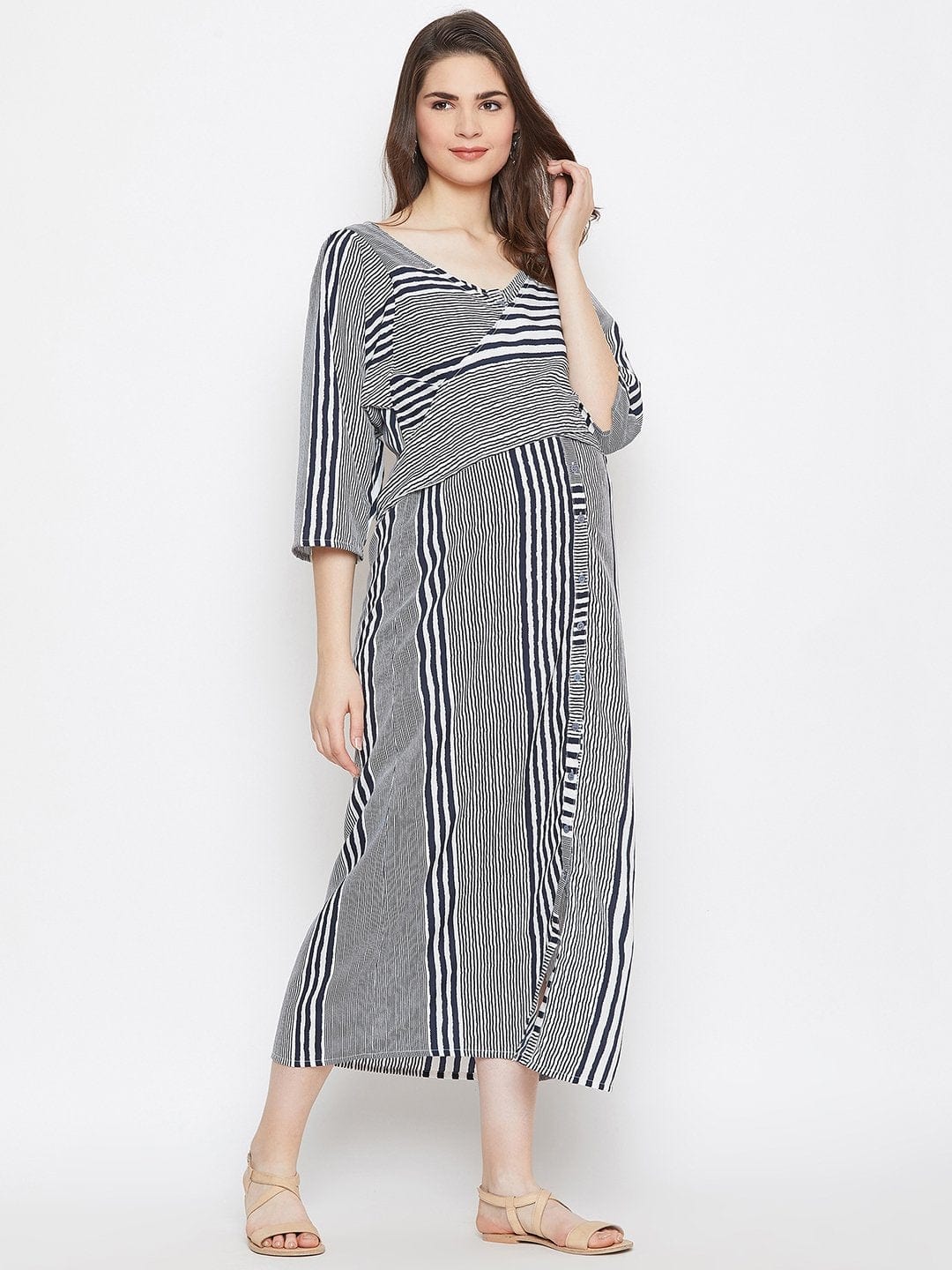 The Kaftan Company Dresses Women White Striped Fit and Flare Maternity Dress