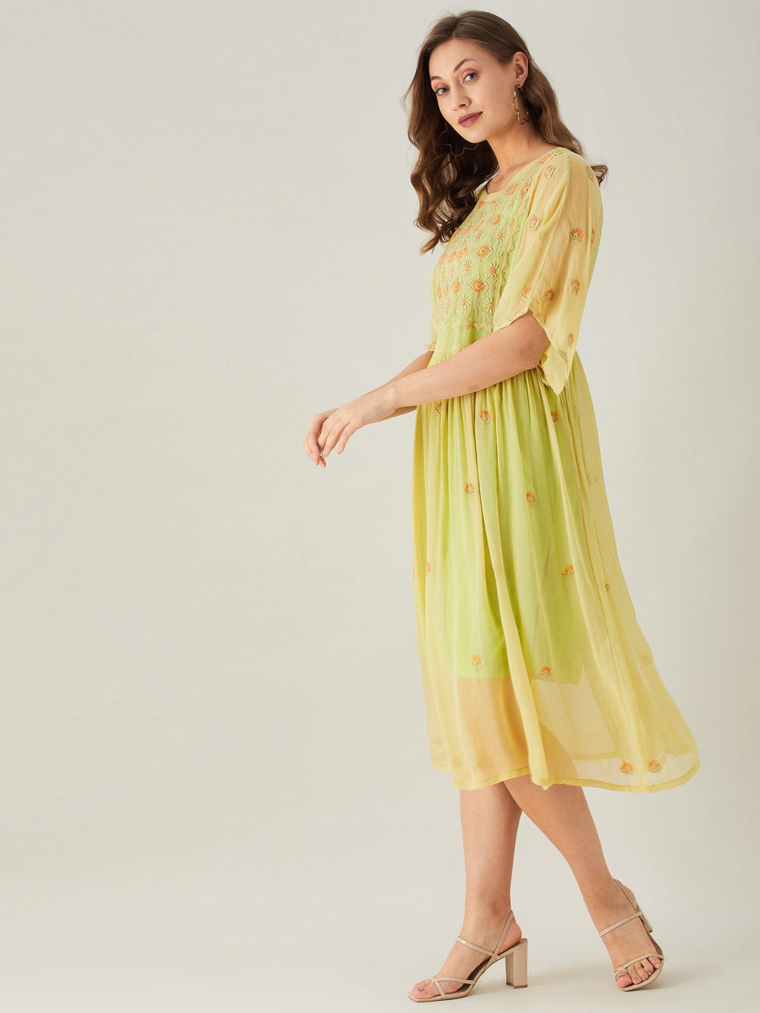 The Kaftan Company Dresses Yellow Chikankari Hand Embroidered Kaftan Dress