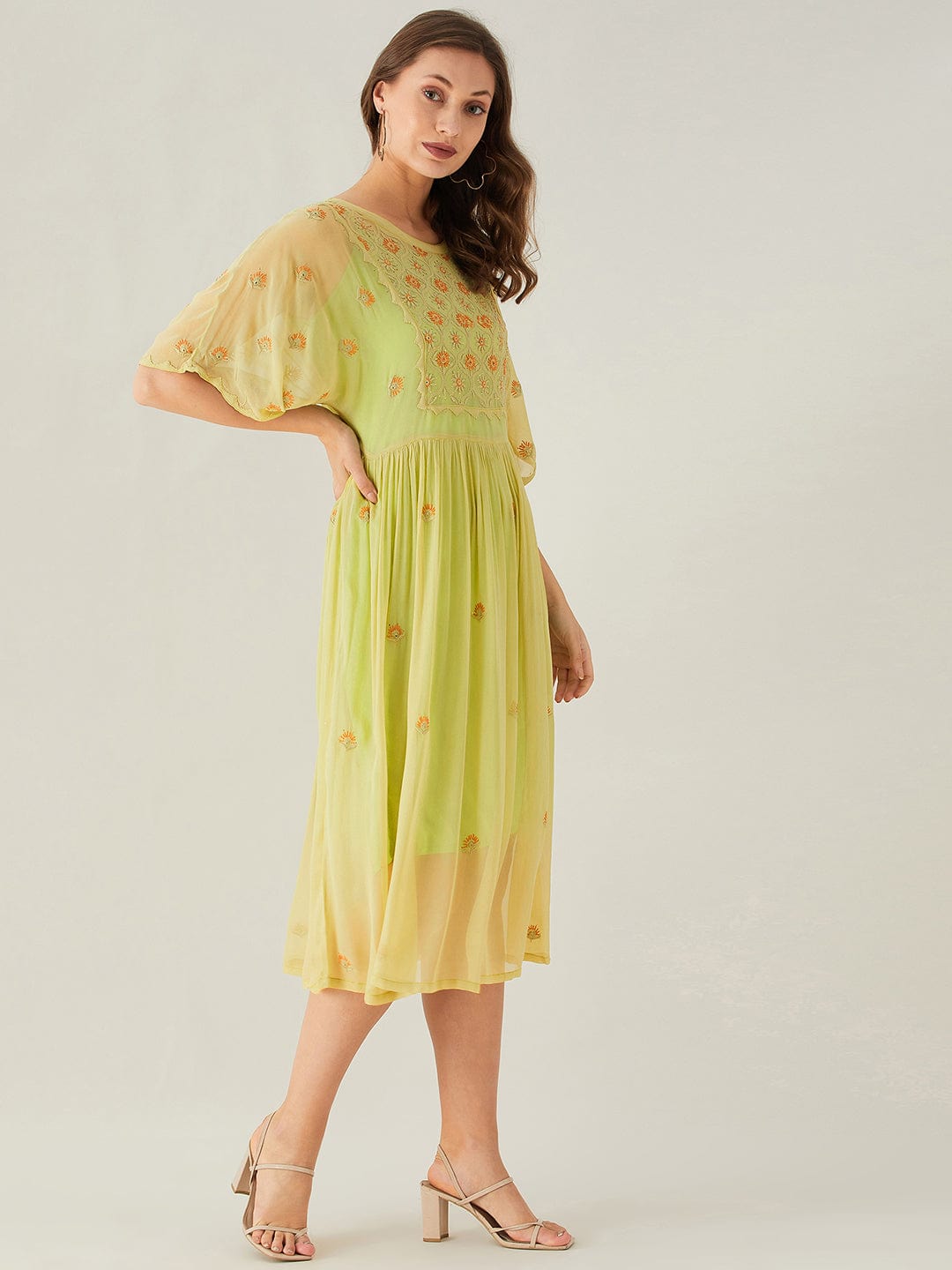 The Kaftan Company Dresses Yellow Chikankari Hand Embroidered Kaftan Dress