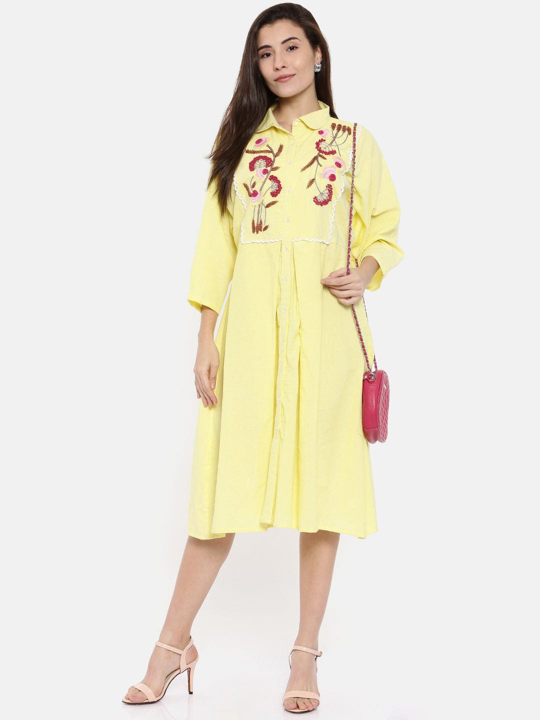The Kaftan Company Dresses Yellow Hand Embroidered Cotton Dress - (Clearance - Final Sale)