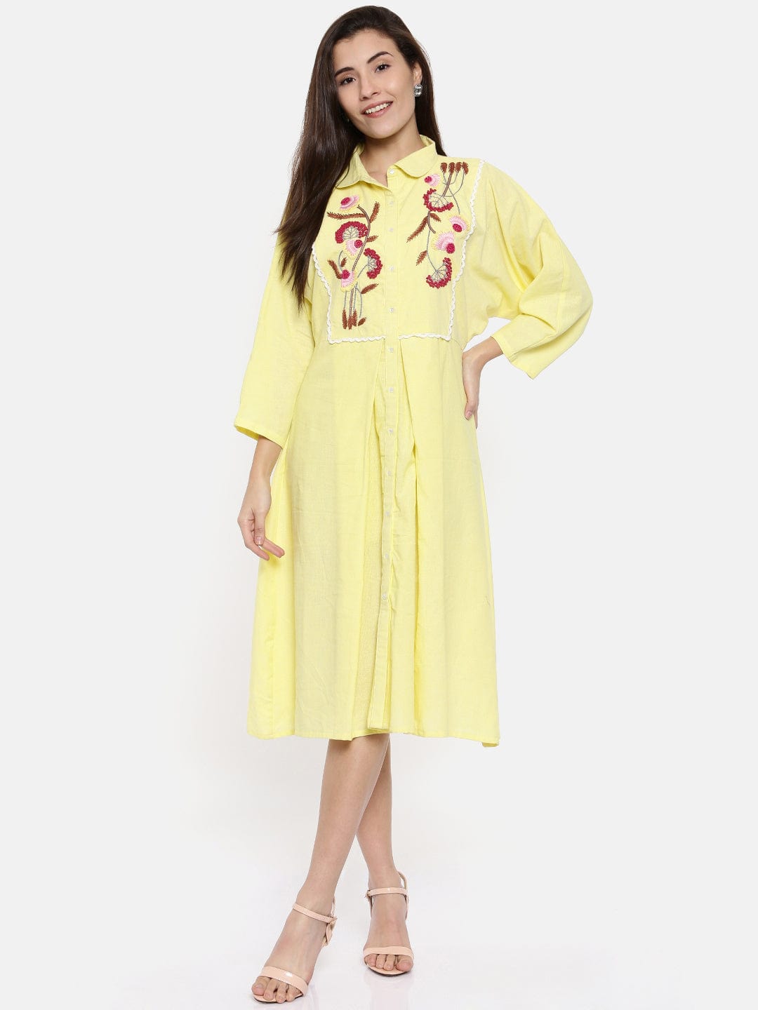 The Kaftan Company Dresses Yellow Hand Embroidered Cotton Dress - (Clearance - Final Sale)