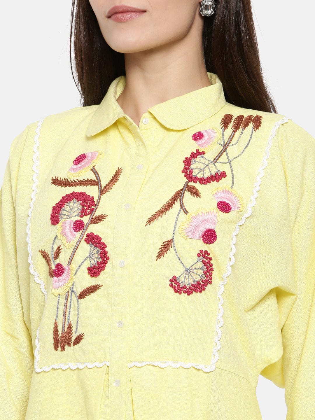 The Kaftan Company Dresses Yellow Hand Embroidered Cotton Dress - (Clearance - Final Sale)