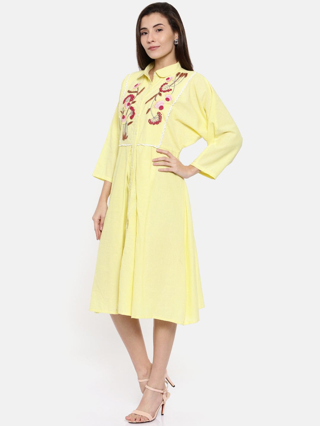 The Kaftan Company Dresses Yellow Hand Embroidered Cotton Dress - (Clearance - Final Sale)