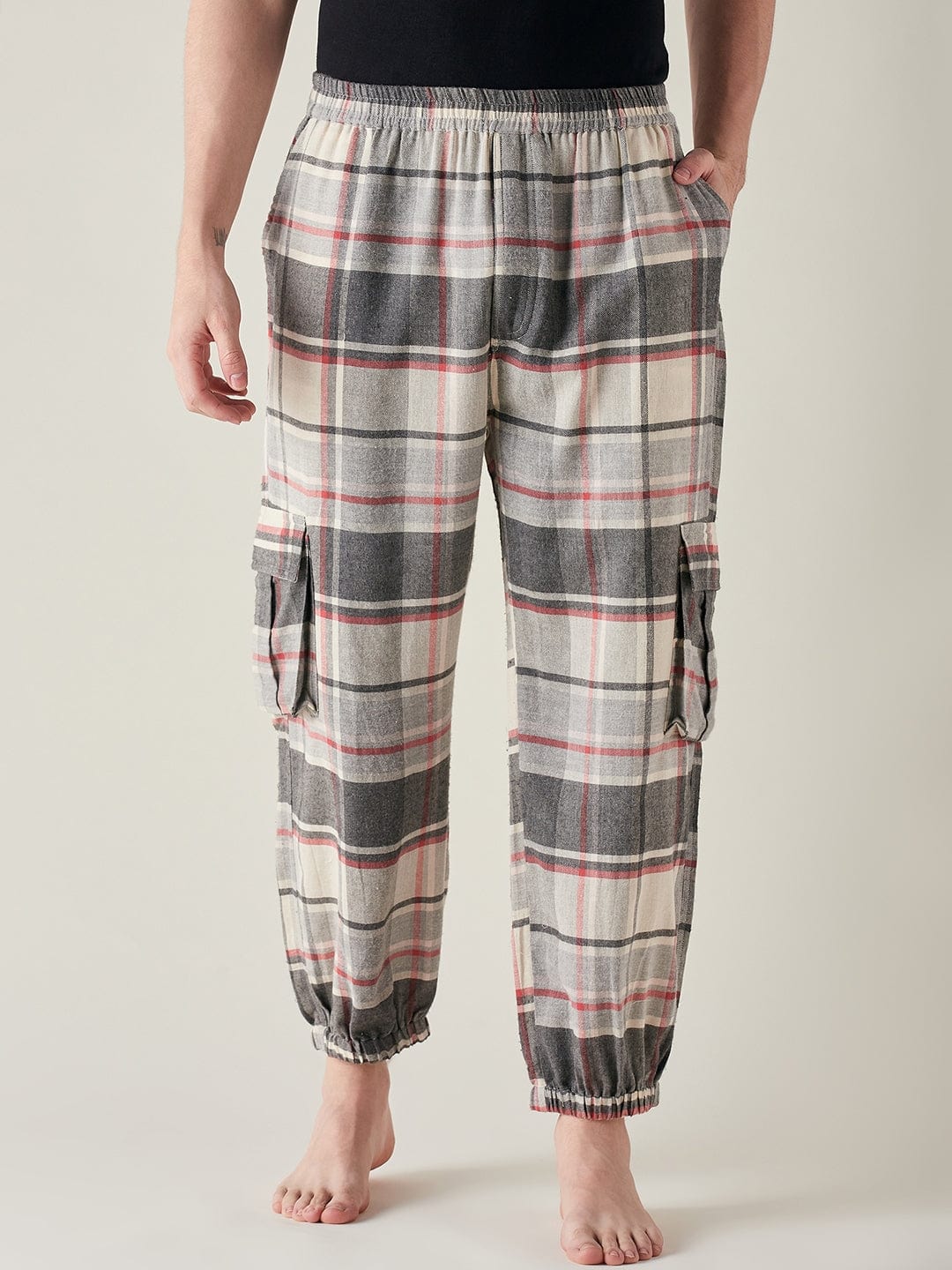 The Kaftan Company Joggers Mens Grey Brushed Cotton Plaid Joggers