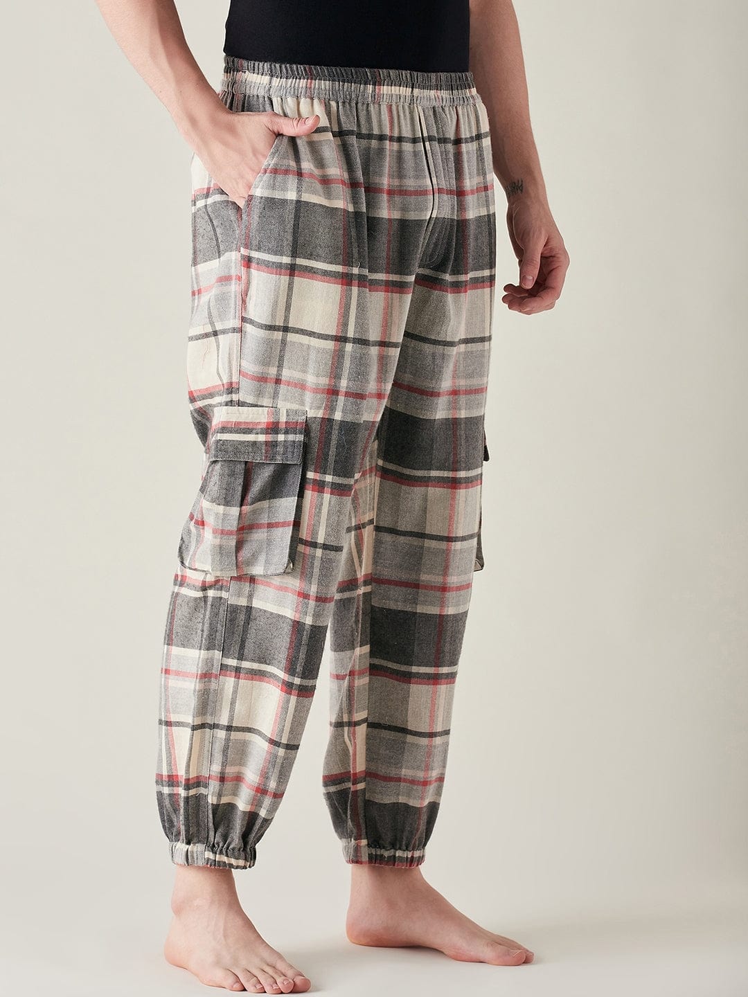 The Kaftan Company Joggers Mens Grey Brushed Cotton Plaid Joggers