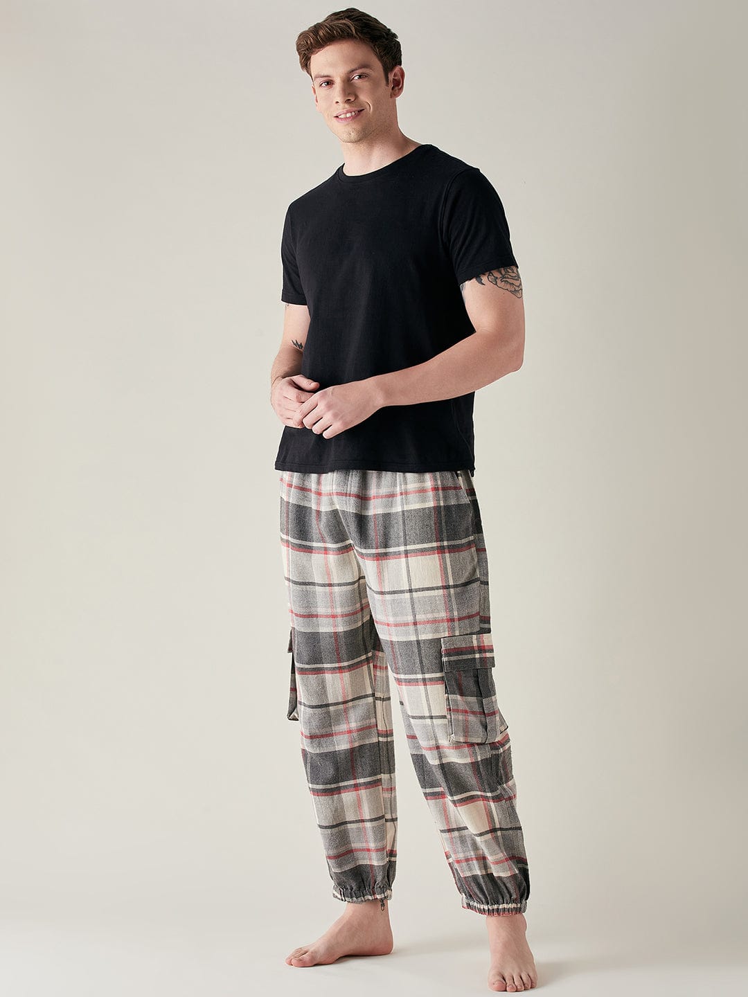 The Kaftan Company Joggers Mens Grey Brushed Cotton Plaid Joggers