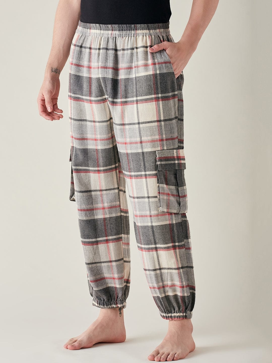 The Kaftan Company Joggers Mens Grey Brushed Cotton Plaid Joggers