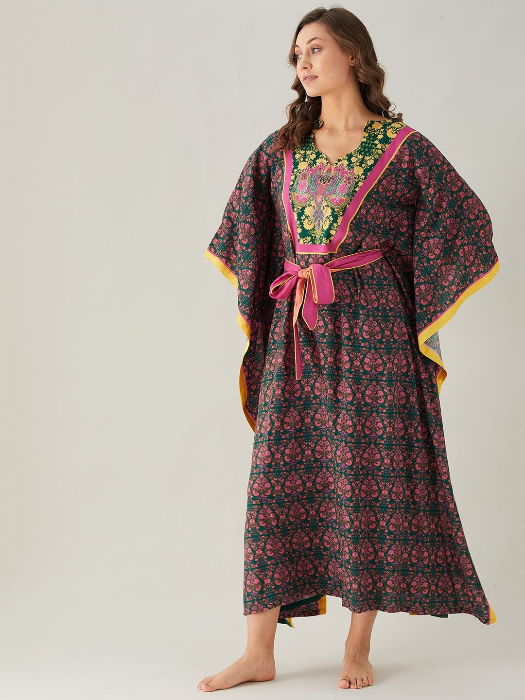 The Kaftan Company Kaftan Dark Green And Pink Floral Loungewear Kaftan