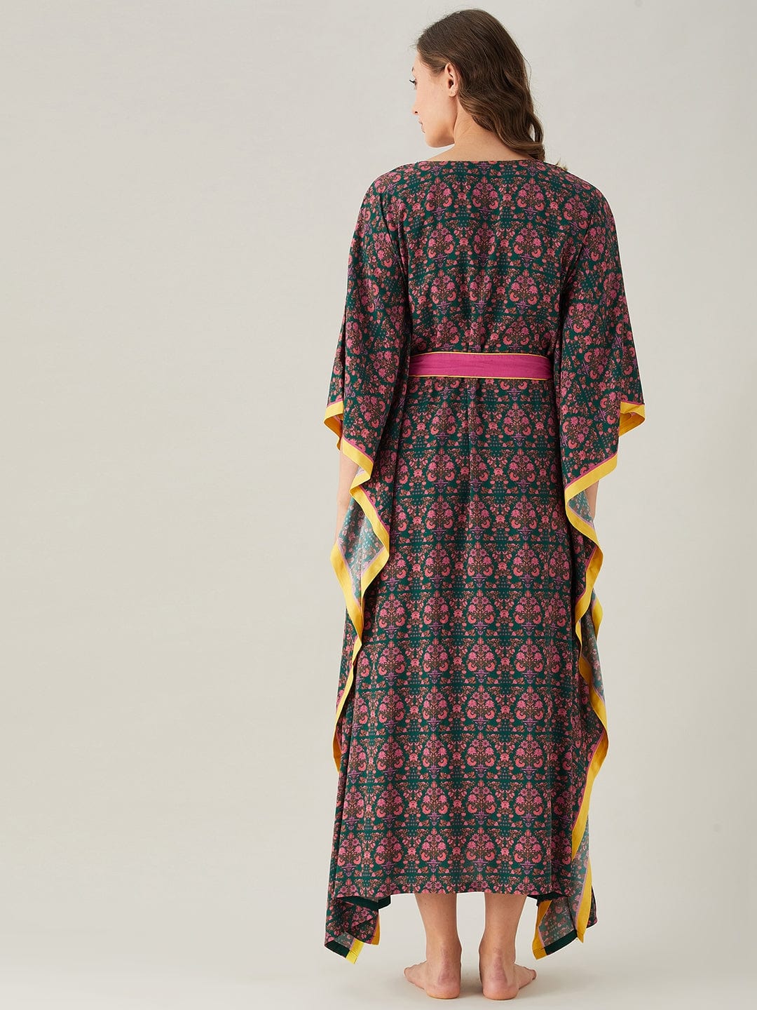The Kaftan Company Kaftan Dark Green And Pink Floral Loungewear Kaftan