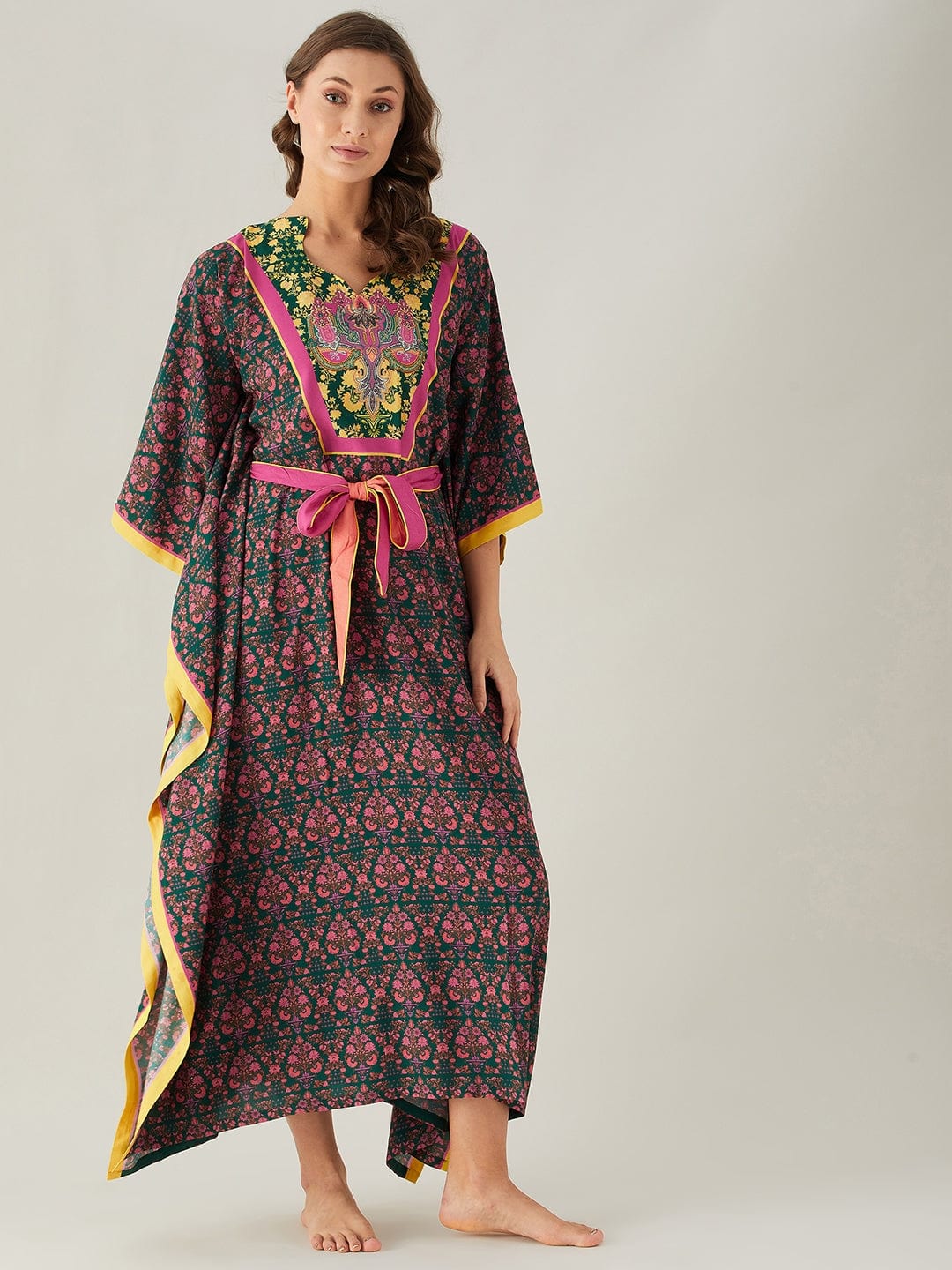 The Kaftan Company Kaftan Dark Green And Pink Floral Loungewear Kaftan