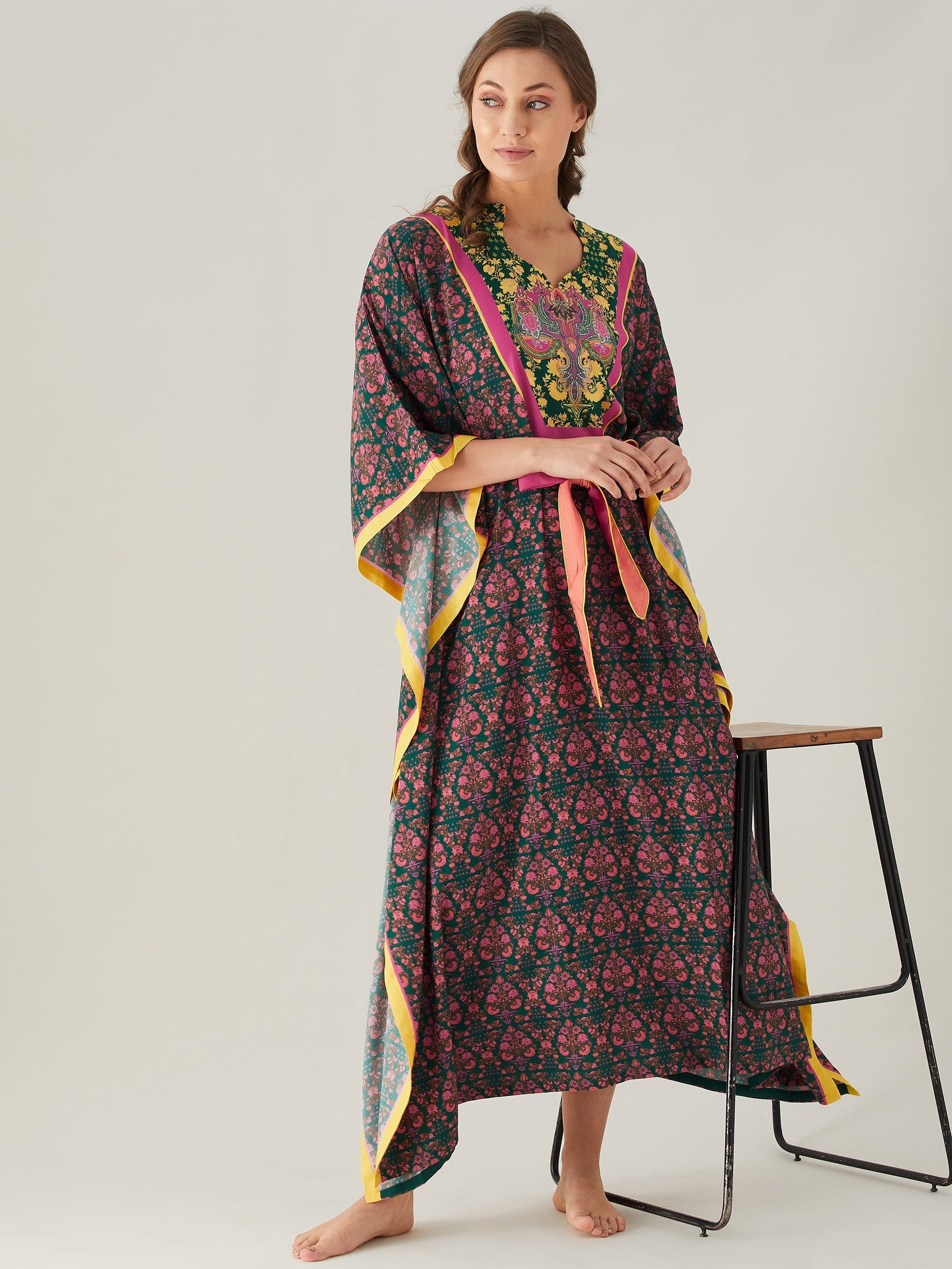 The Kaftan Company Kaftan Dark Green And Pink Floral Loungewear Kaftan