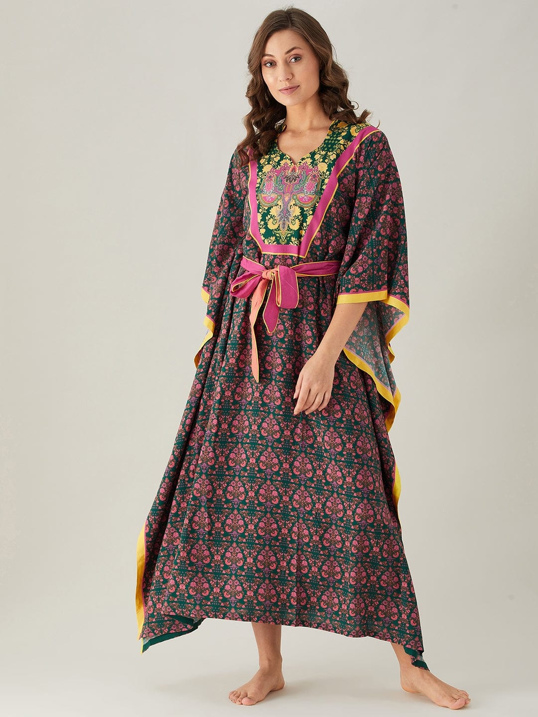 The Kaftan Company Kaftan Dark Green And Pink Floral Loungewear Kaftan