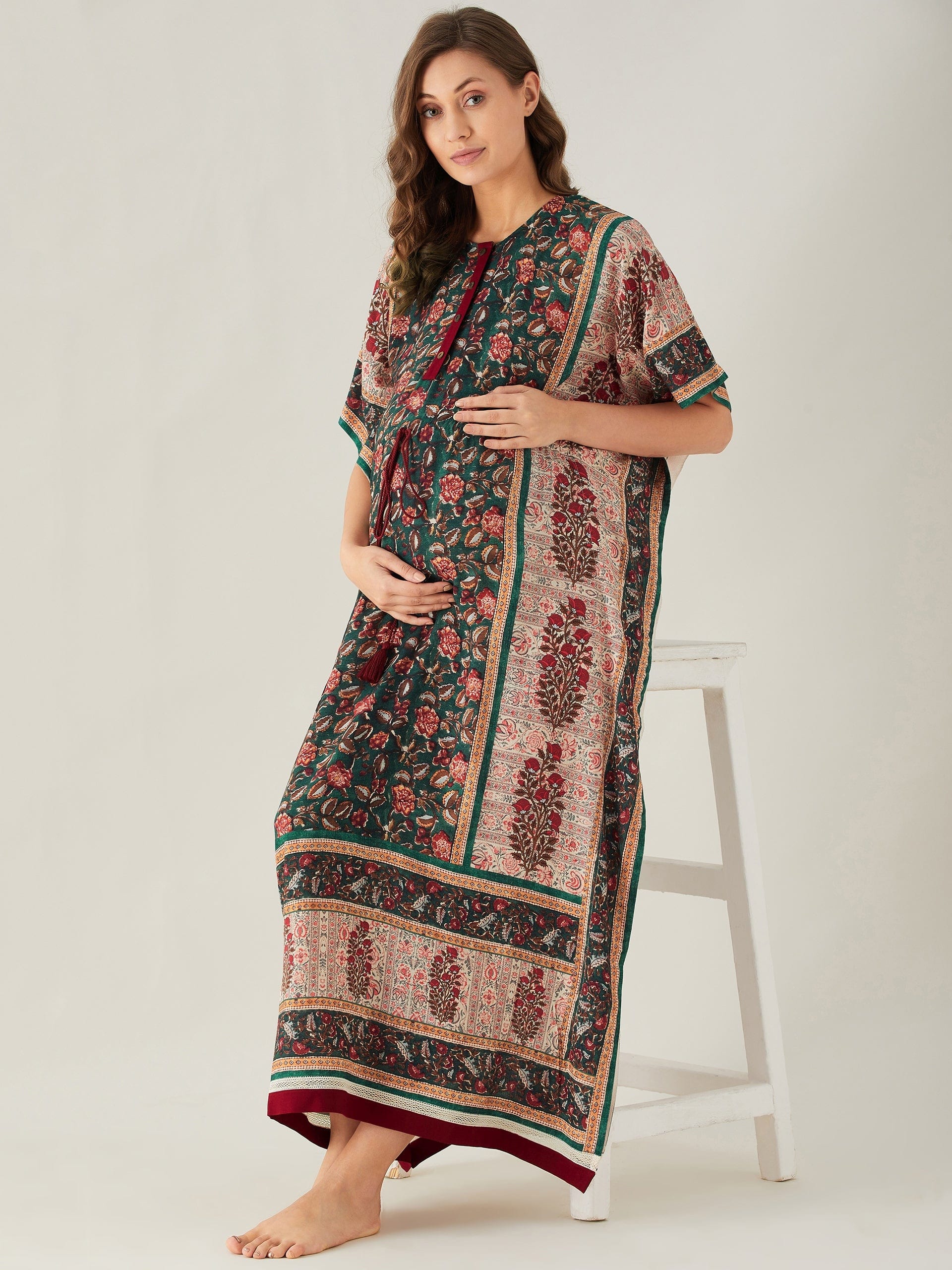 The Kaftan Company Kaftan Green And Red Florets Maternity and Feeding Kaftan