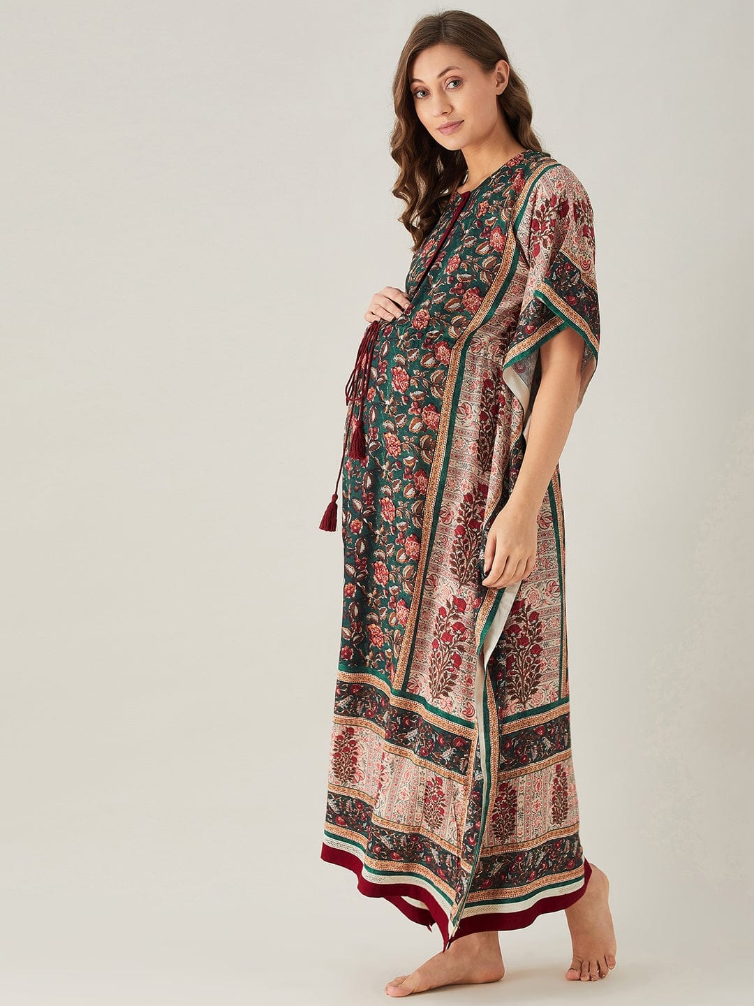 The Kaftan Company Kaftan Green And Red Florets Maternity and Feeding Kaftan