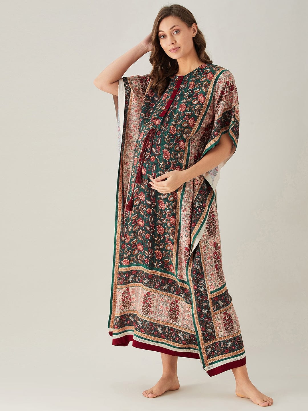 The Kaftan Company Kaftan Green And Red Florets Maternity and Feeding Kaftan