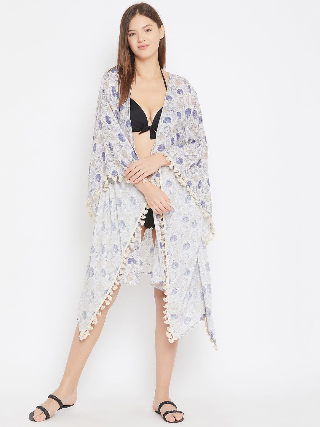The Kaftan Company Kaftan Grey Poppies Resort Kaftan Shrug with Fringes