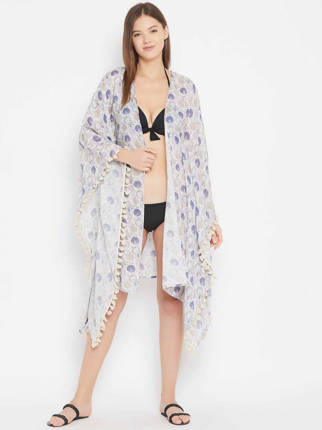 The Kaftan Company Kaftan Grey Poppies Resort Kaftan Shrug with Fringes