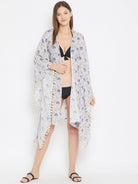 The Kaftan Company Kaftan Grey Poppies Resort Kaftan Shrug with Fringes