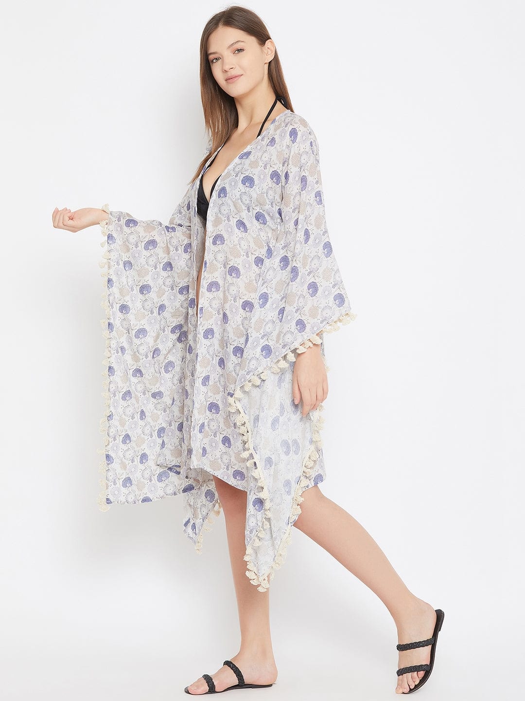 The Kaftan Company Kaftan Grey Poppies Resort Kaftan Shrug with Fringes