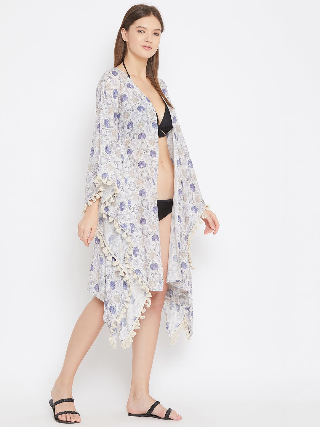 The Kaftan Company Kaftan Grey Poppies Resort Kaftan Shrug with Fringes
