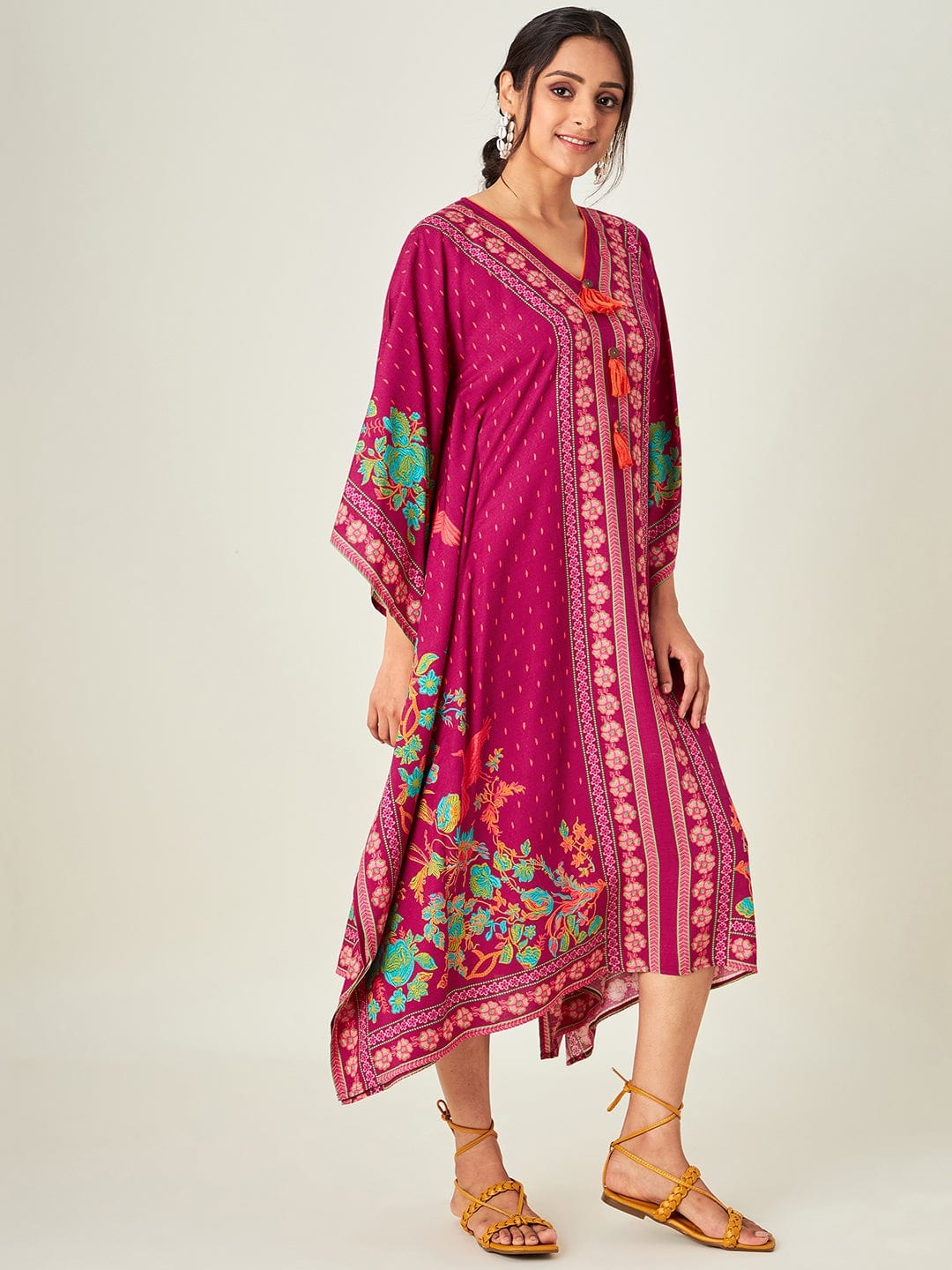 The Kaftan Company Kaftan Magenta Borders and Flora Resort Dress