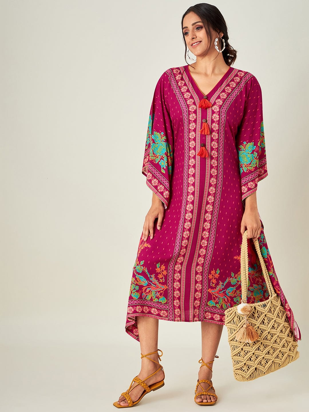 The Kaftan Company Kaftan Magenta Borders and Flora Resort Dress