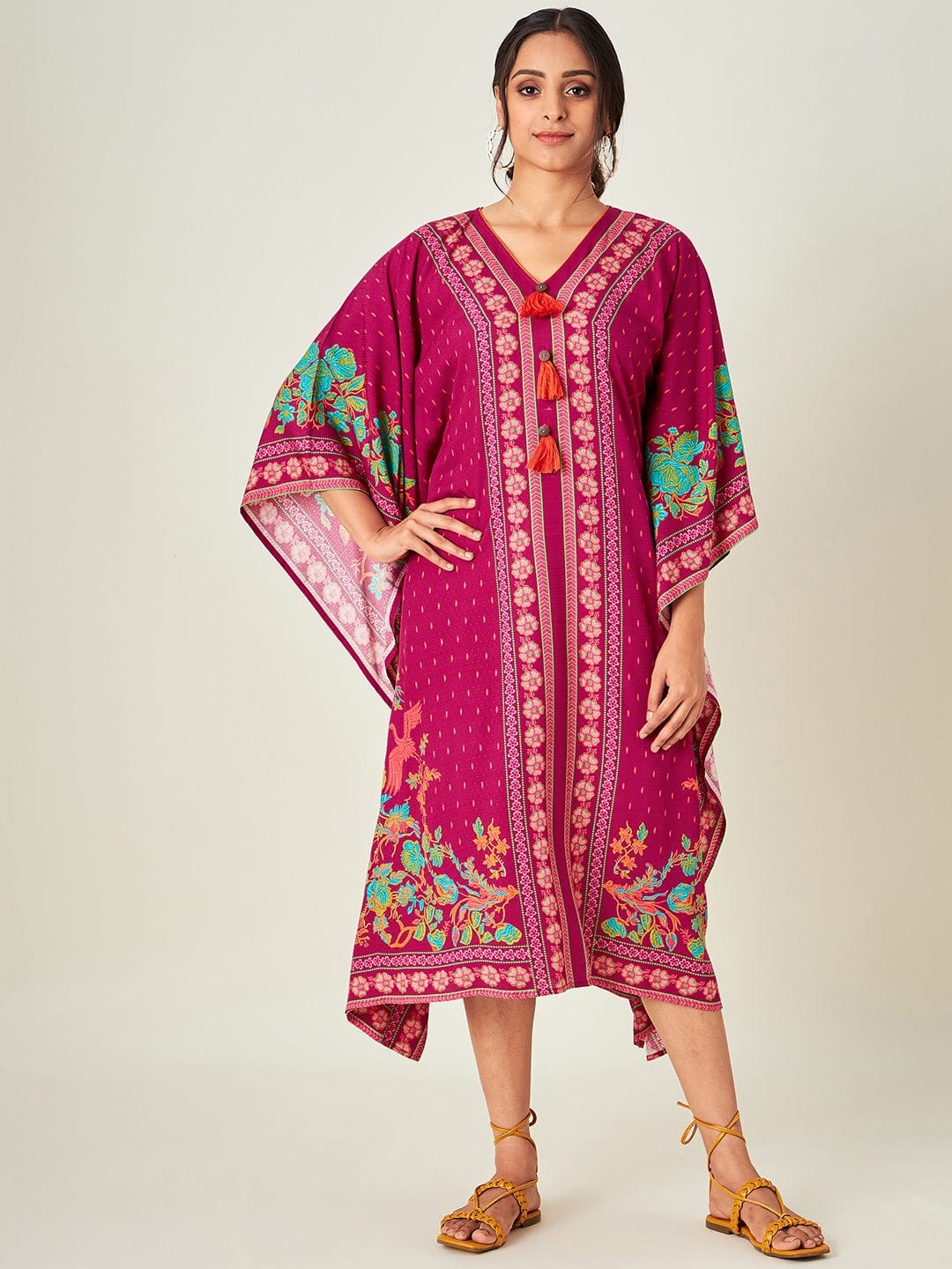 The Kaftan Company Kaftan Magenta Borders and Flora Resort Dress