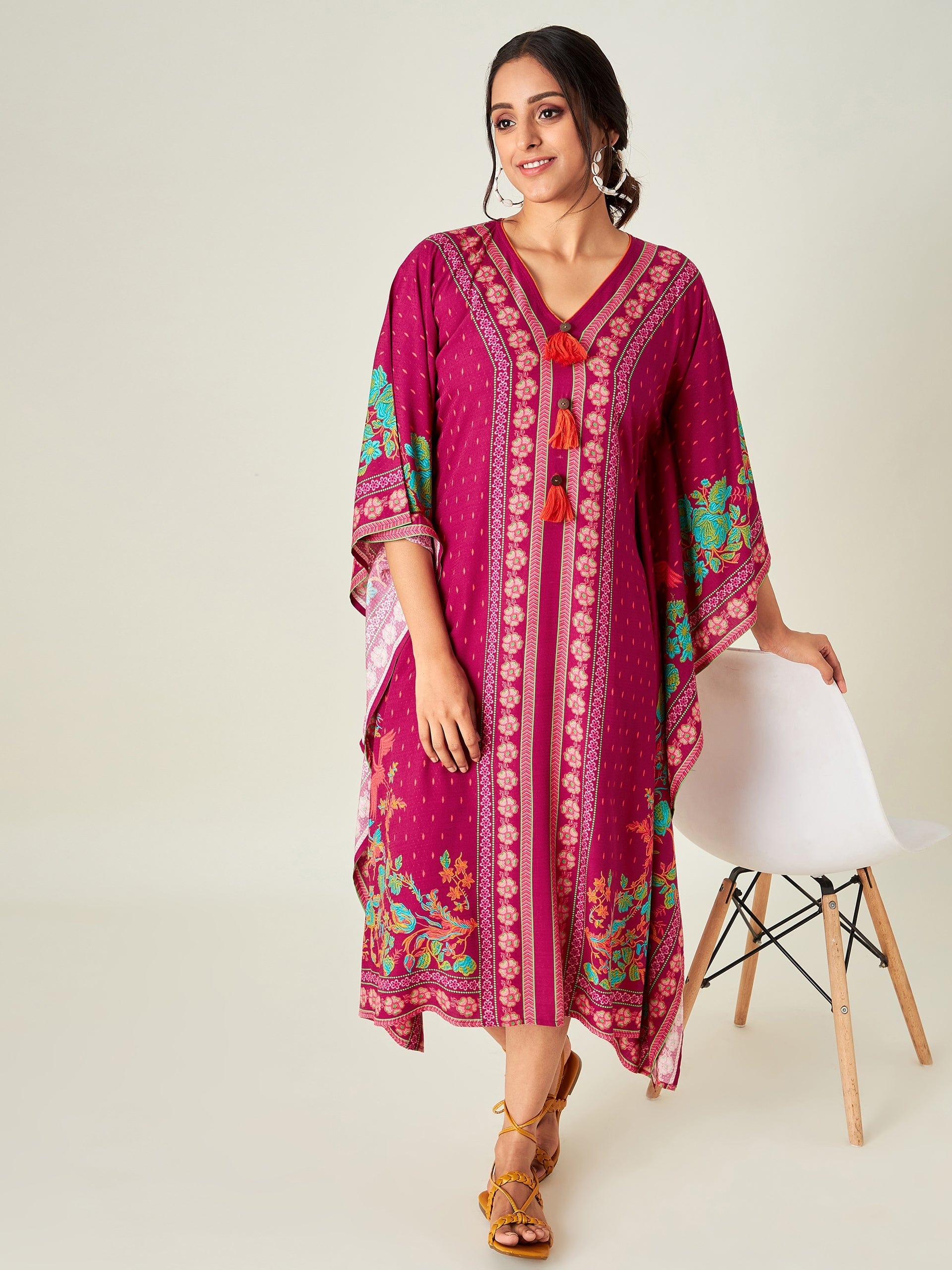 The Kaftan Company Kaftan Magenta Borders and Flora Resort Dress