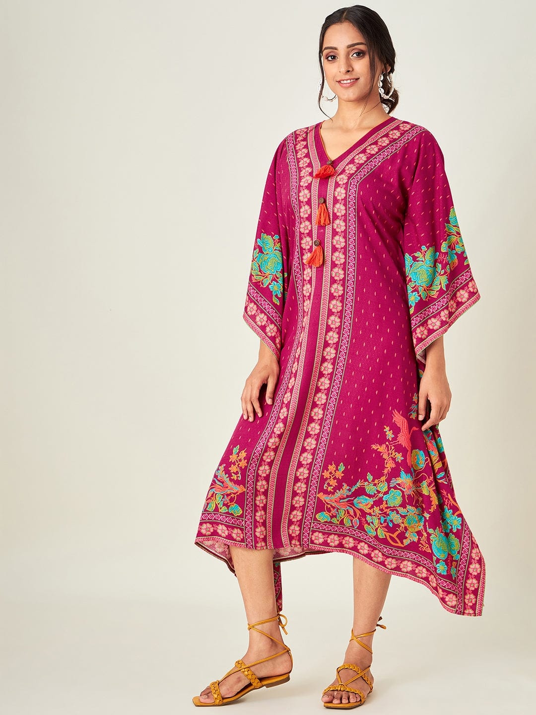 The Kaftan Company Kaftan Magenta Borders and Flora Resort Dress