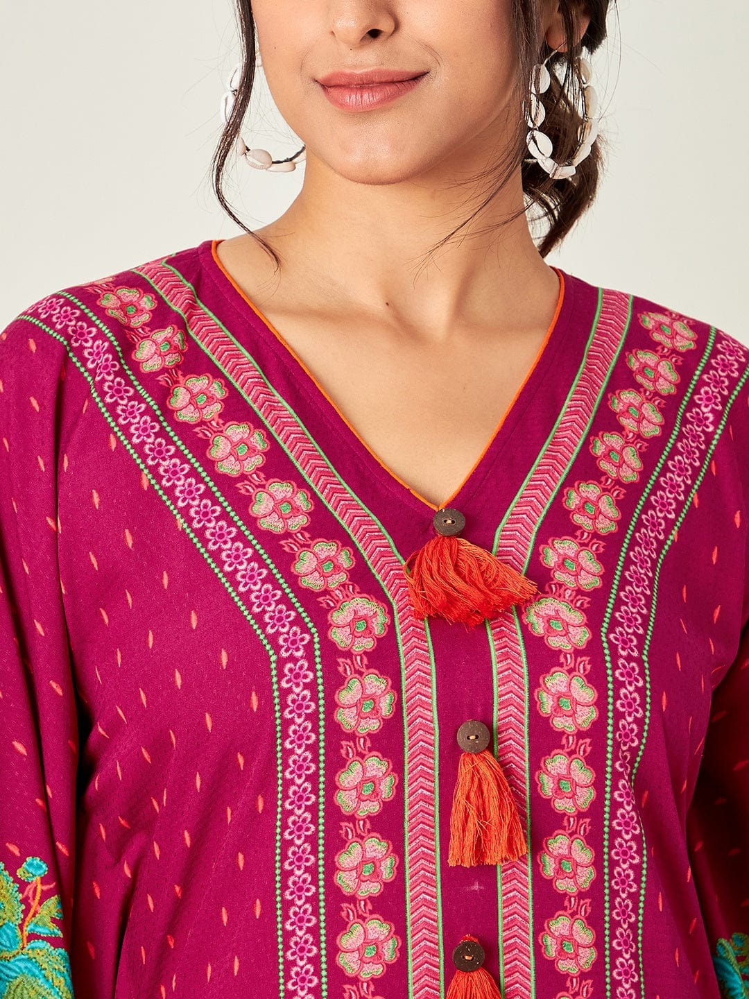 The Kaftan Company Kaftan Magenta Borders and Flora Resort Dress