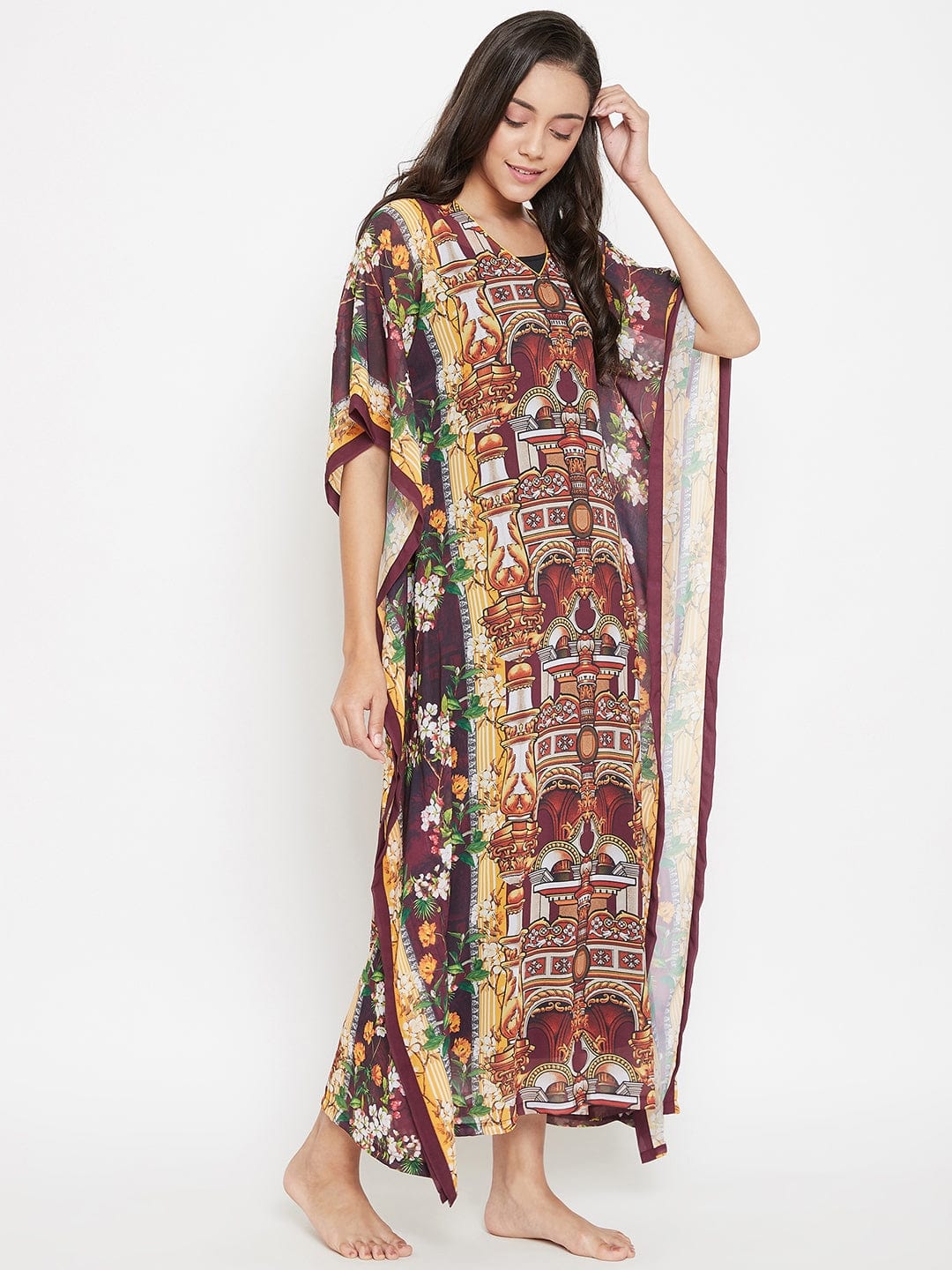 The Kaftan Company Kaftan Maroon Digital Printed Sheer Kaftan With Slip (Final Sale)