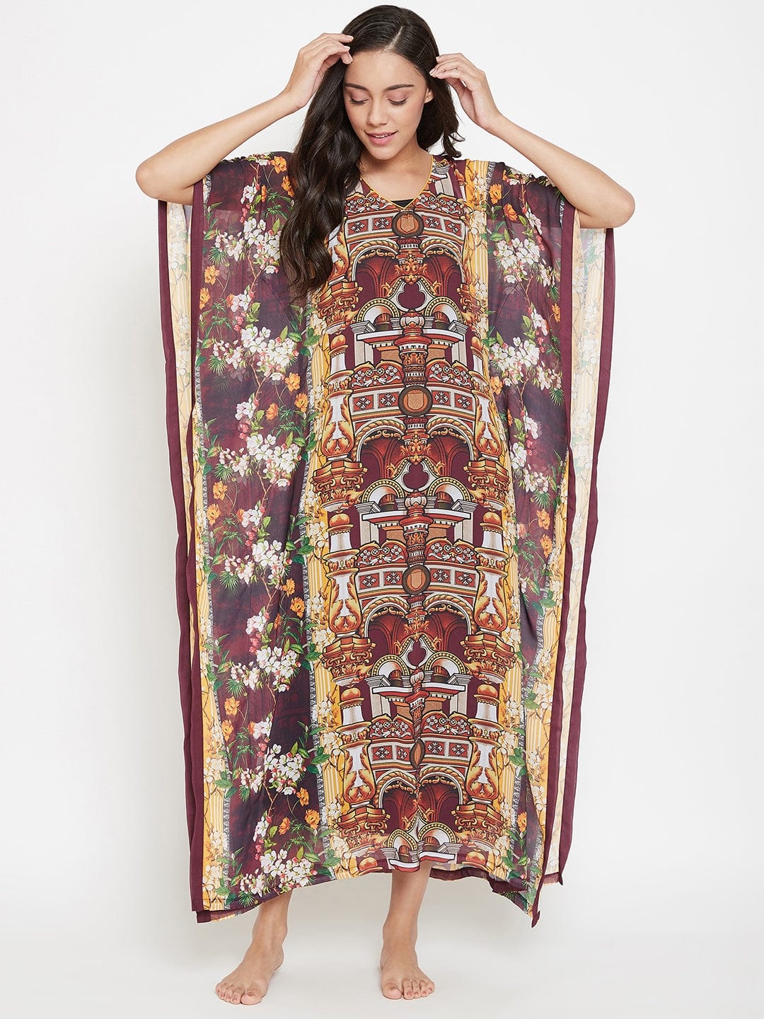 The Kaftan Company Kaftan Maroon Digital Printed Sheer Kaftan With Slip (Final Sale)