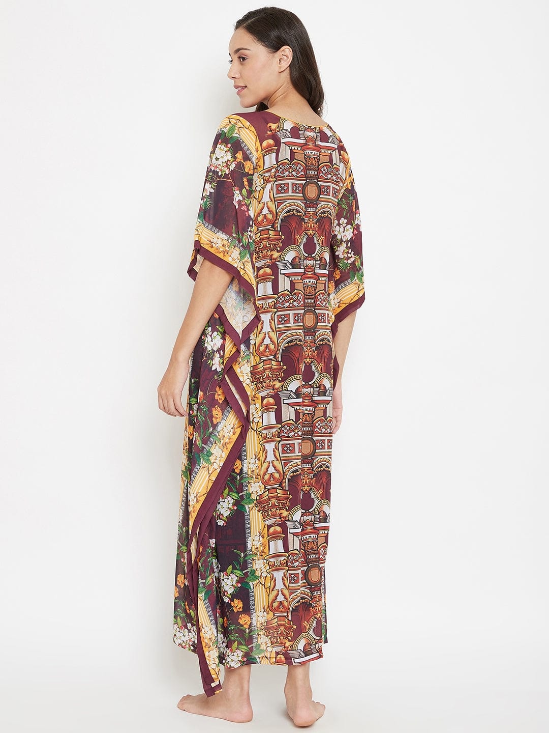 The Kaftan Company Kaftan Maroon Digital Printed Sheer Kaftan With Slip (Final Sale)