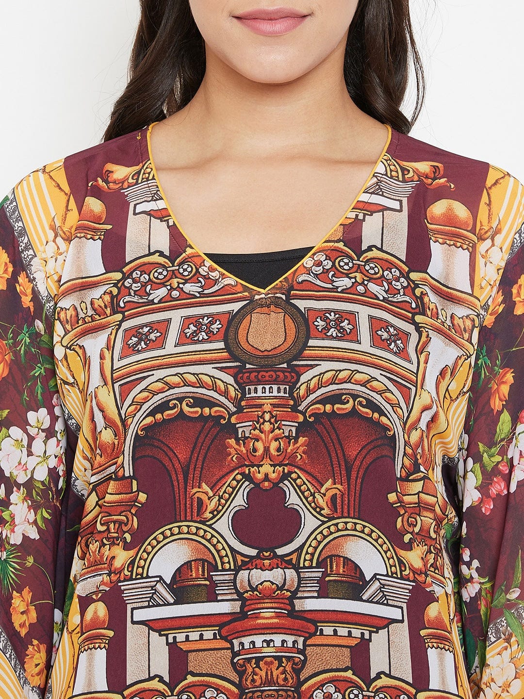 The Kaftan Company Kaftan Maroon Digital Printed Sheer Kaftan With Slip (Final Sale)
