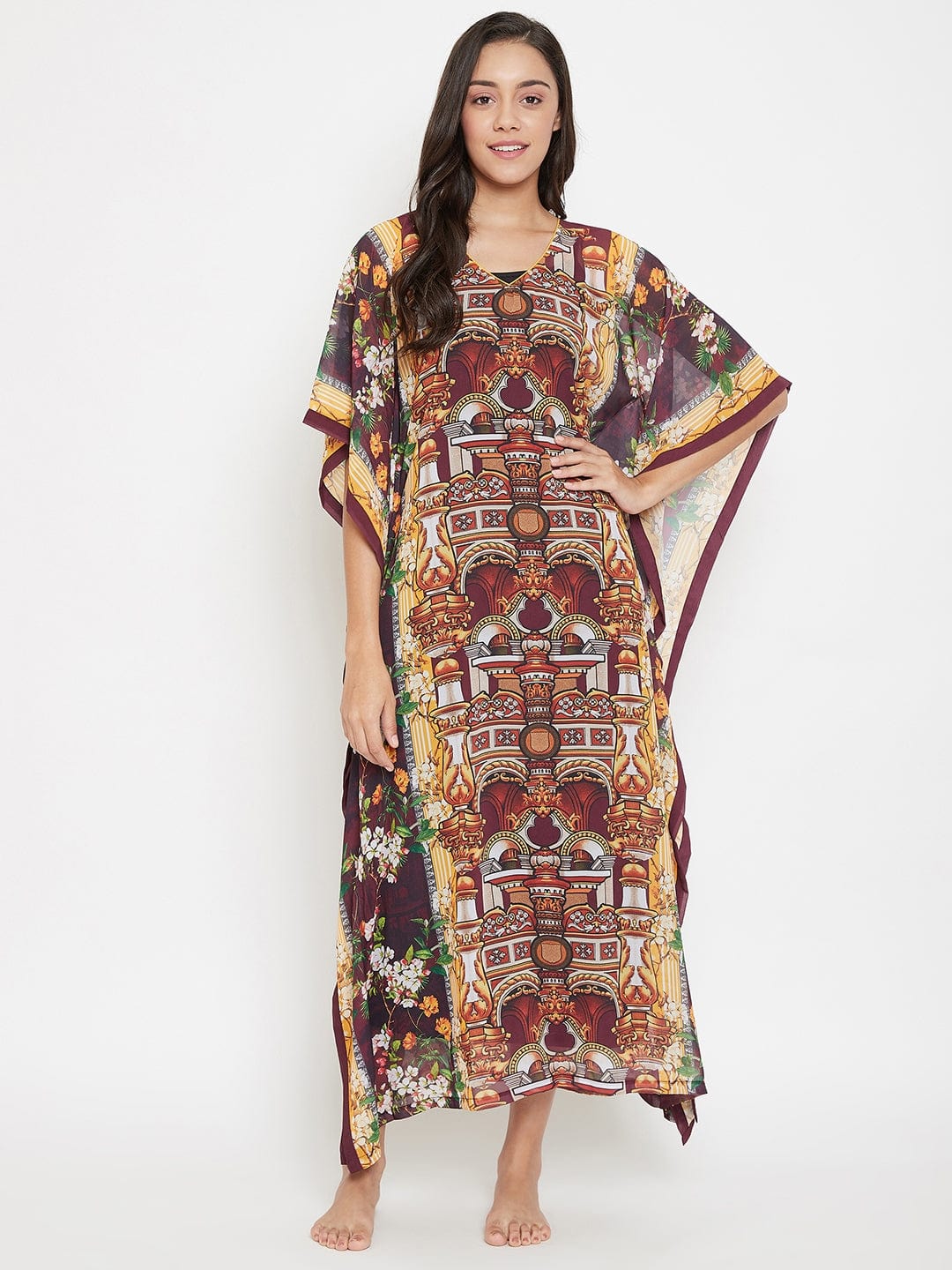The Kaftan Company Kaftan Maroon Digital Printed Sheer Kaftan With Slip (Final Sale)